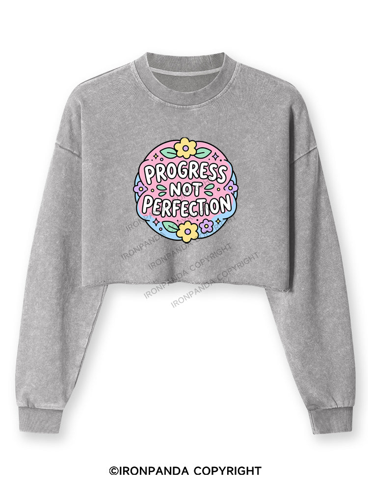 PROGRESS NOT PERFECTION Washed Long-Sleeve Crop Top