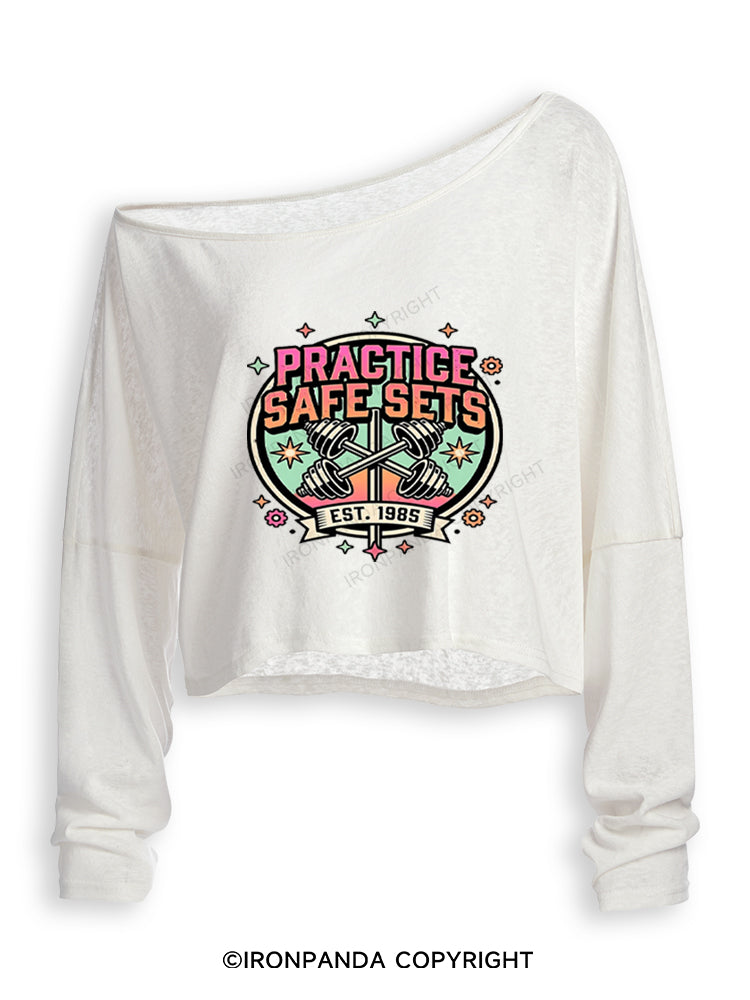 PRACTICE SAFE SETS FUNNY RETRO Off Shoulder Long Sleeve Crop Top