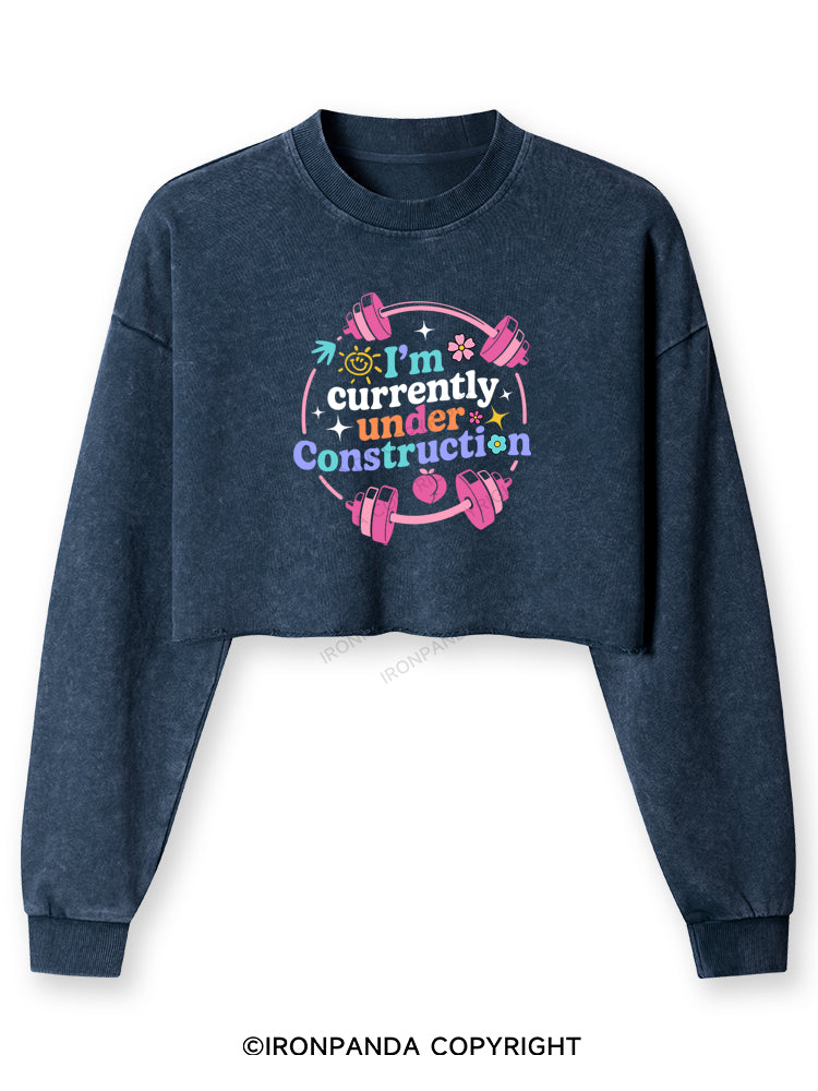I'M CURRENTLY UNDER CONSTRUCTION Washed Long-Sleeve Crop Top