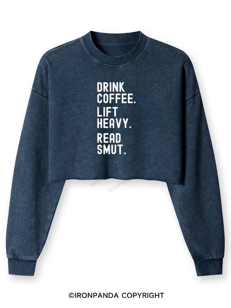 DRINK COFFEE. LIFT HEAVY. READ SMUT Washed Long-Sleeve Crop Top