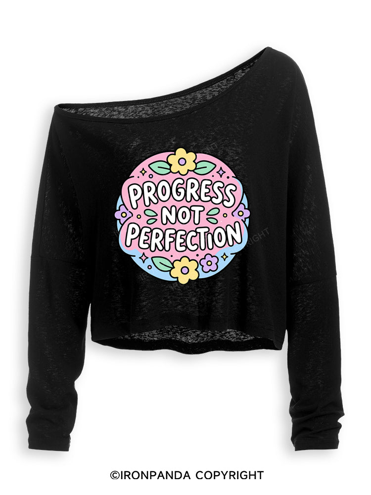 PROGRESS NOT PERFECTION Off Shoulder Long Sleeve Crop Top