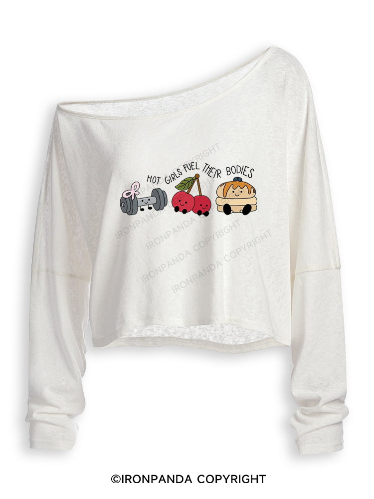 HOT GIRLS FUEL THEIR BODIES Off Shoulder Long Sleeve Crop Top
