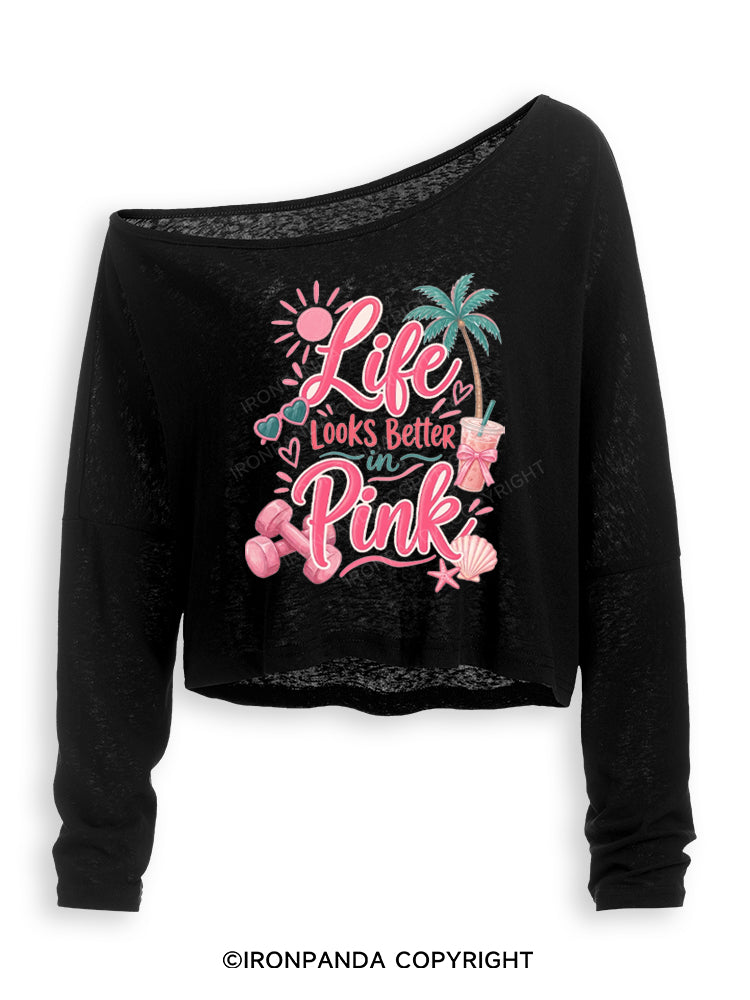 LIFE LOOKS BETTER IN PINK Off Shoulder Long Sleeve Crop Top
