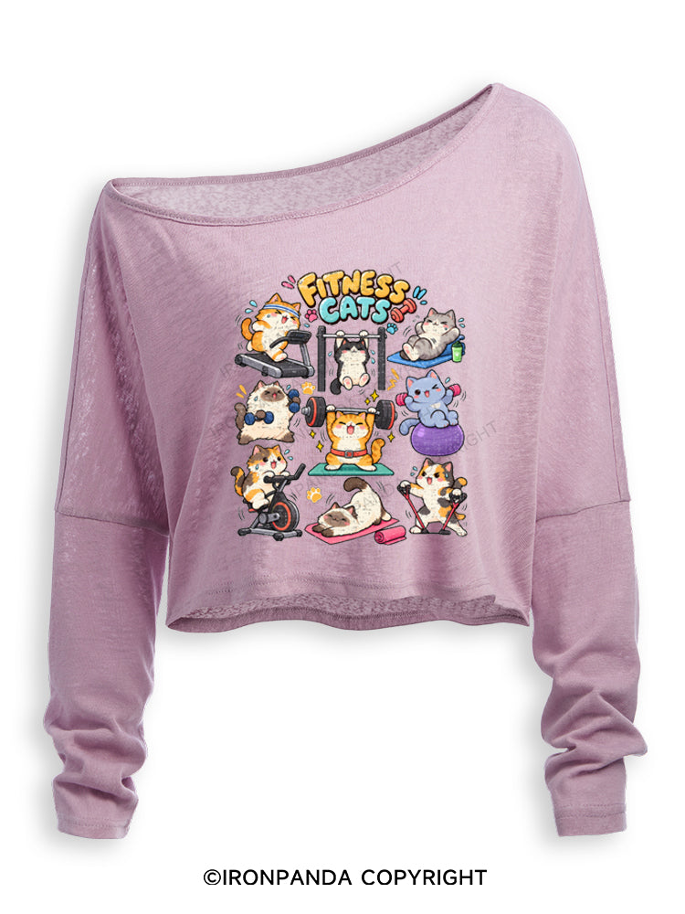 Fitness Cats Gym Workout Off Shoulder Long Sleeve Crop Top