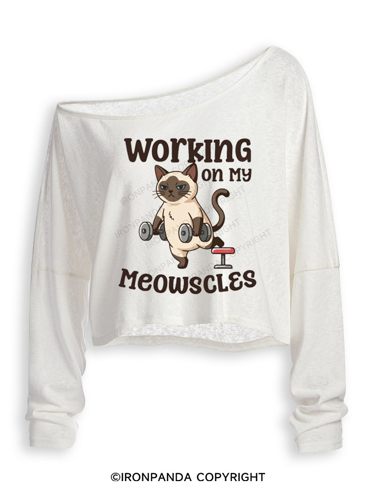 WORKING ON MY MEOWSCLES GYM KITTY Off Shoulder Long Sleeve Crop Top