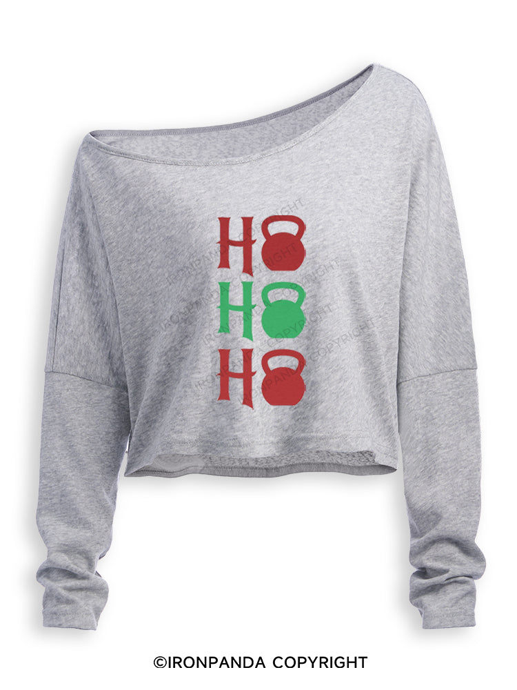 HO HO HO HOLIDAY FITNESS KETTLEBELL Off Shoulder Long Sleeve Crop Top