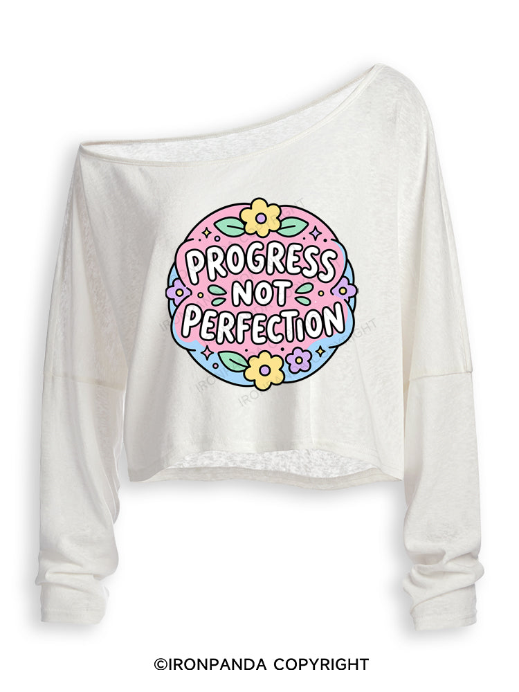 PROGRESS NOT PERFECTION Off Shoulder Long Sleeve Crop Top