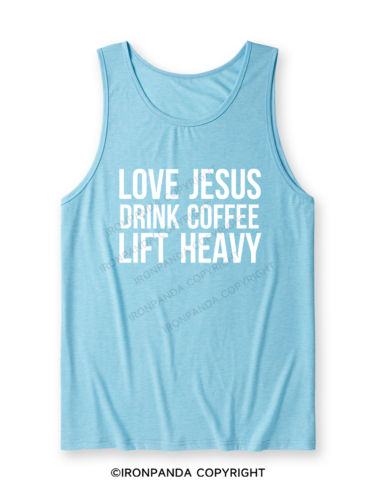 LOVE JESUS DRINK COFFEE LIFT HEAVY Ultra Soft Heather Tank