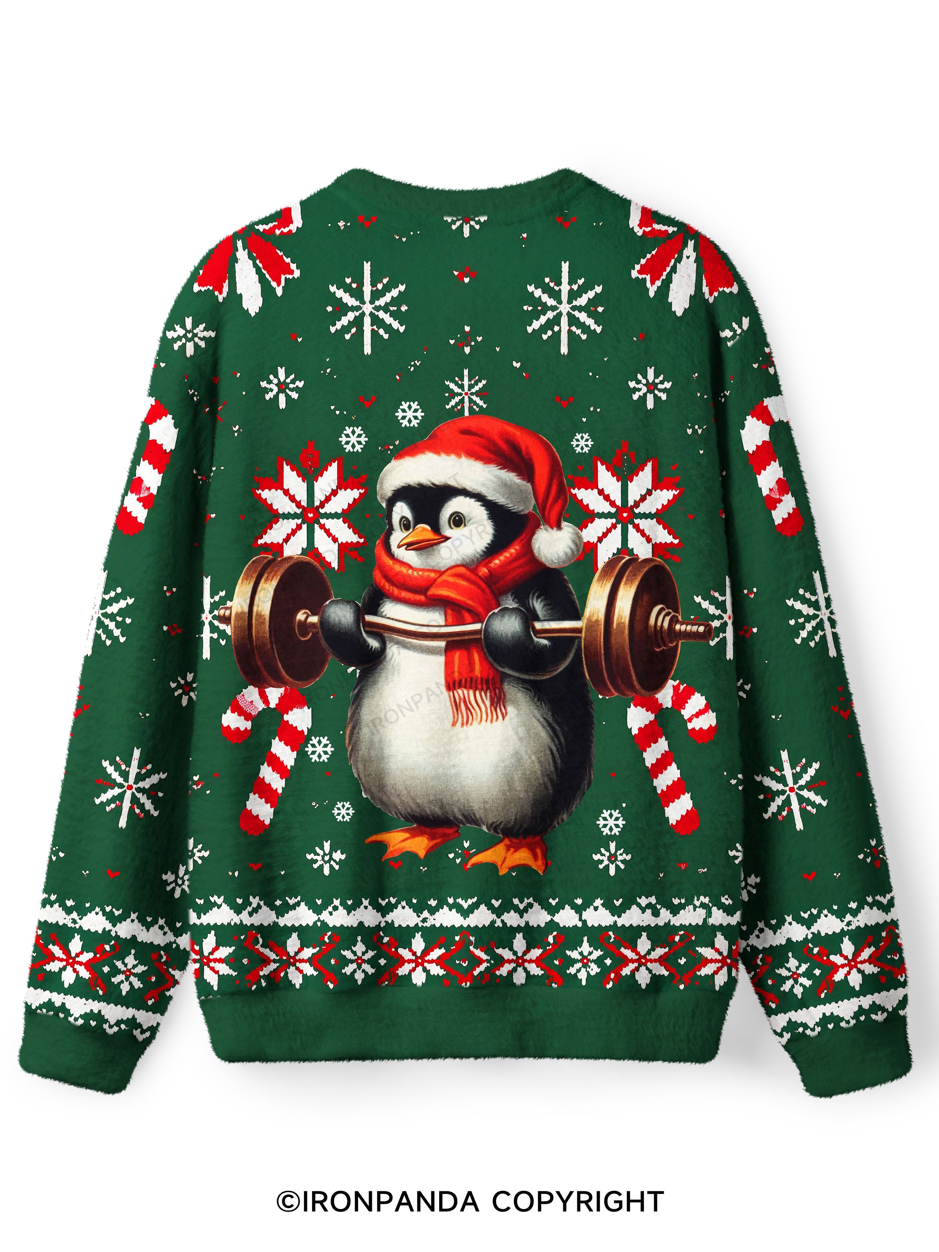 CHRISTMAS DEADLIFT PENGUIN Ugly Fuzzy Fleece Sweater
