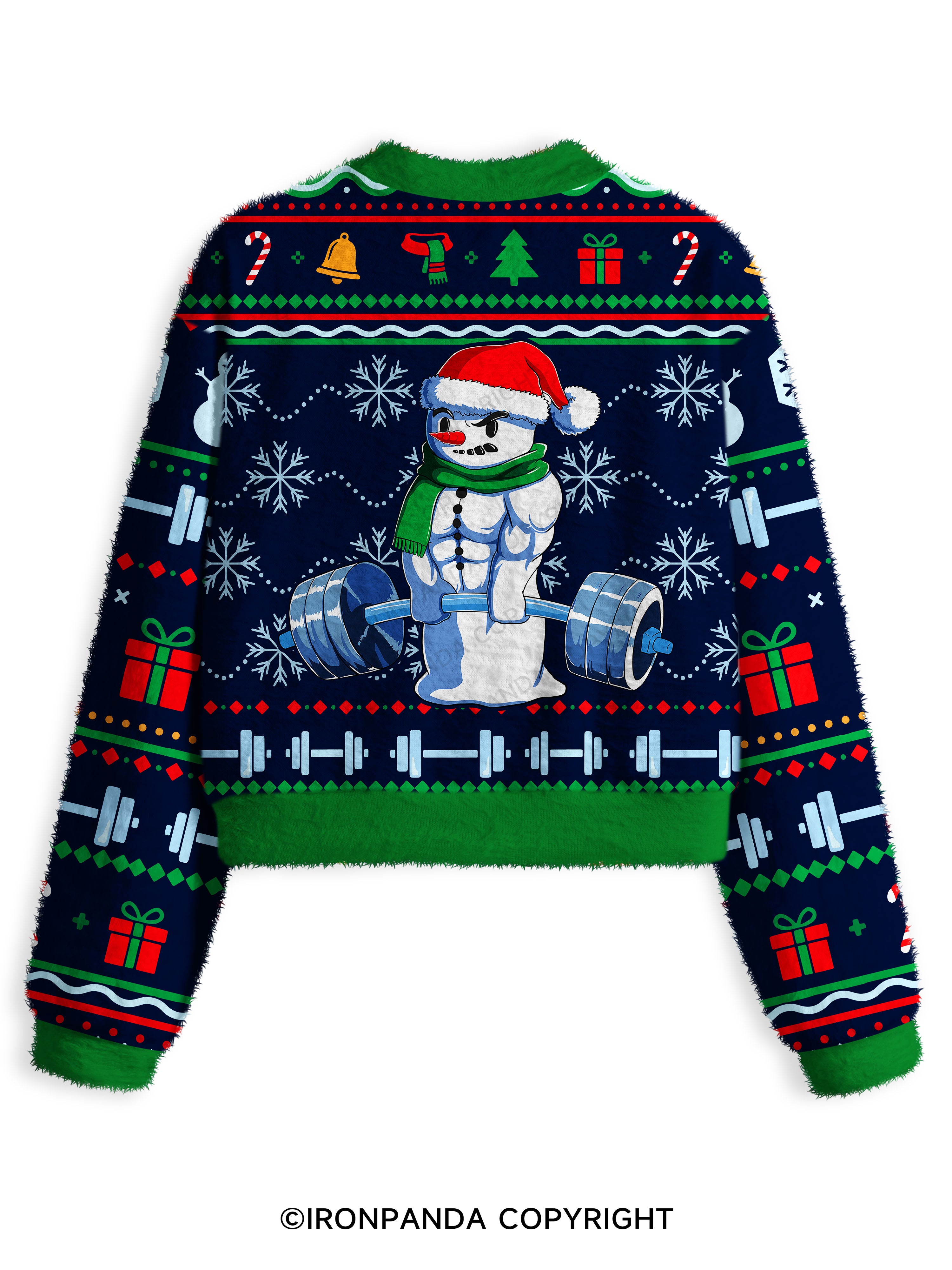 weightlifting snowman Fuzzy Fleece Crop Sweater