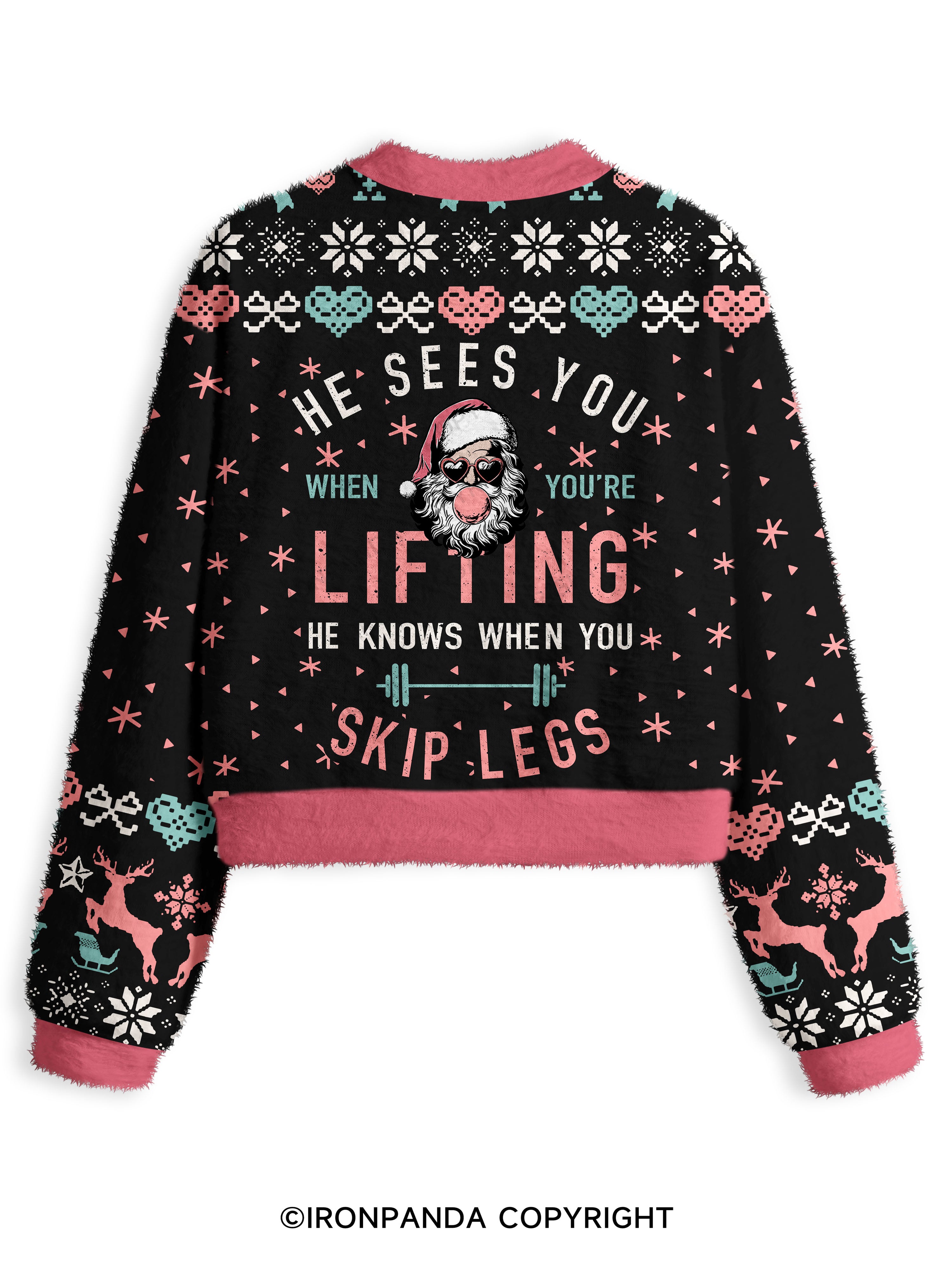 HE SEES YOU WHEN YOU'RE LIFTING Fuzzy Fleece Crop Sweater