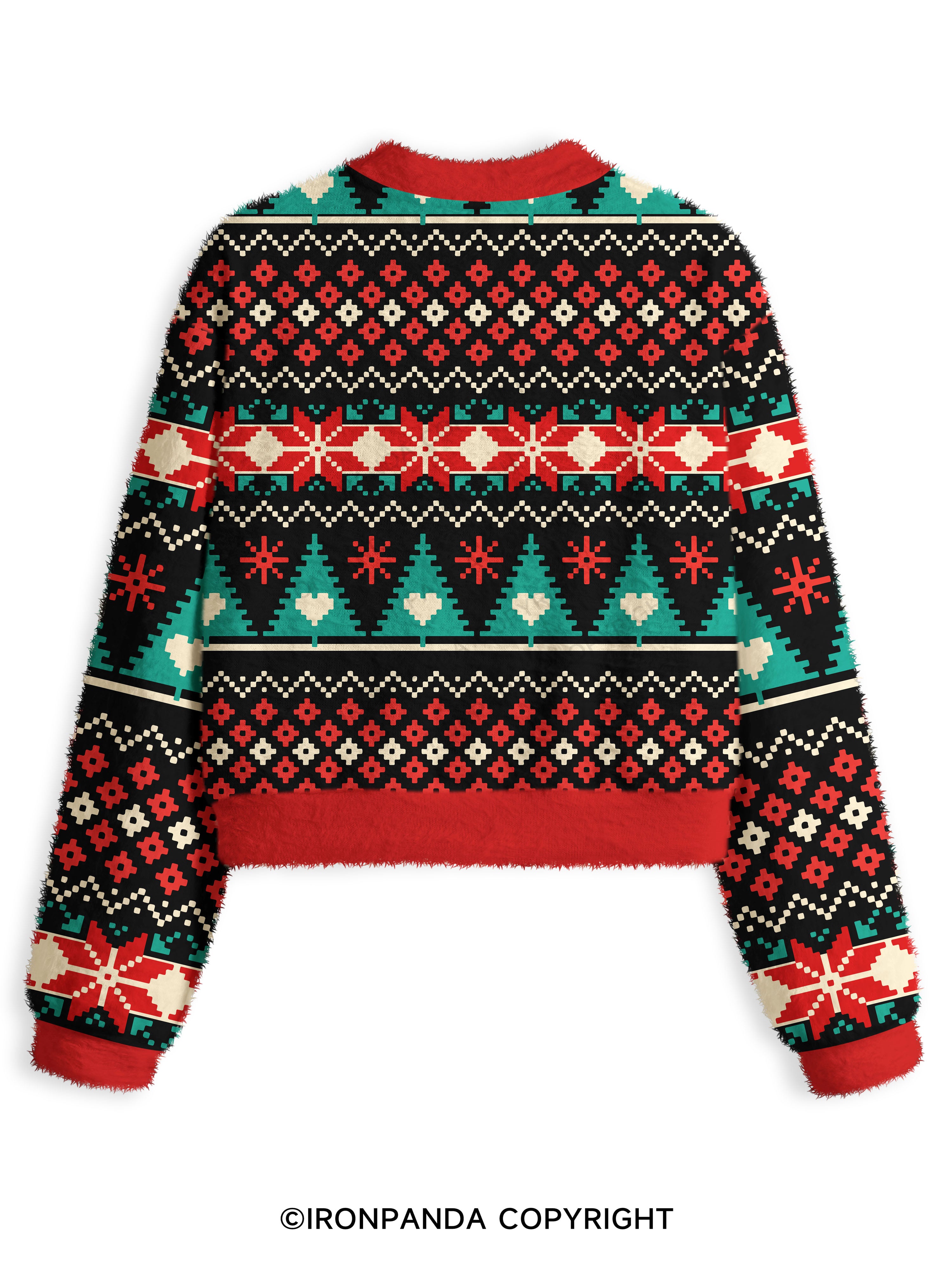 Funny Christmas Santa Knows When You Workout Fuzzy Fleece Crop Sweater