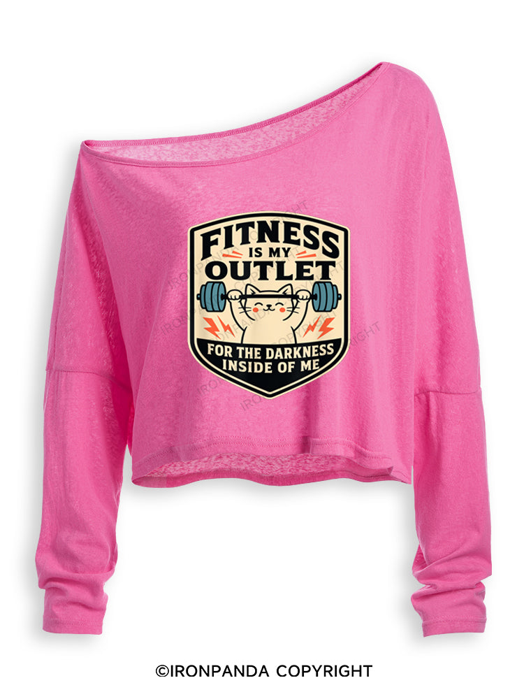 FITNESS IS MY OUTLET FOR THE DARKNESS INSIDE OF ME Off Shoulder Long Sleeve Crop Top