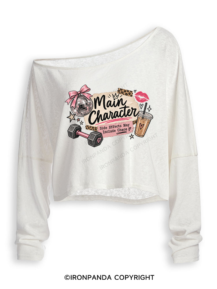 MAIN CHARACTER SIDE EFFECTS MAY INCLUDE CHAOS Off Shoulder Long Sleeve Crop Top
