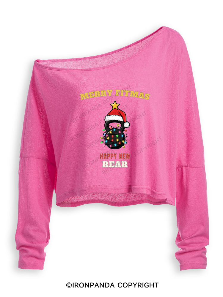 MERRY FITMAS HAPPY NEW REAR Off Shoulder Long Sleeve Crop Top