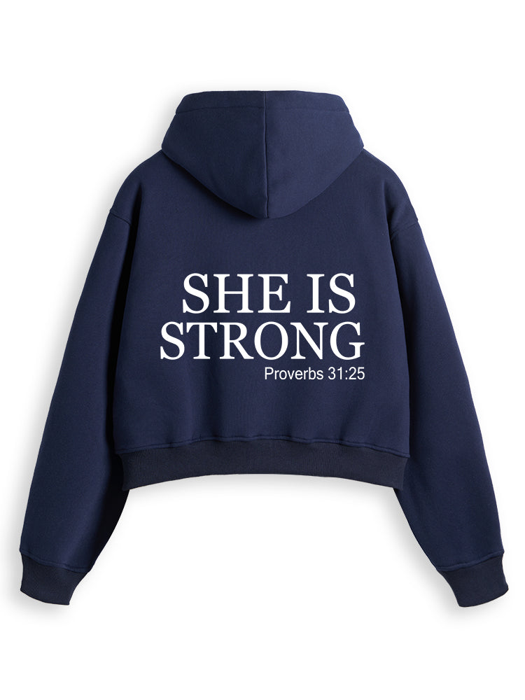 SHE IS STRONG Fleece Crop Zip Up Hoodie