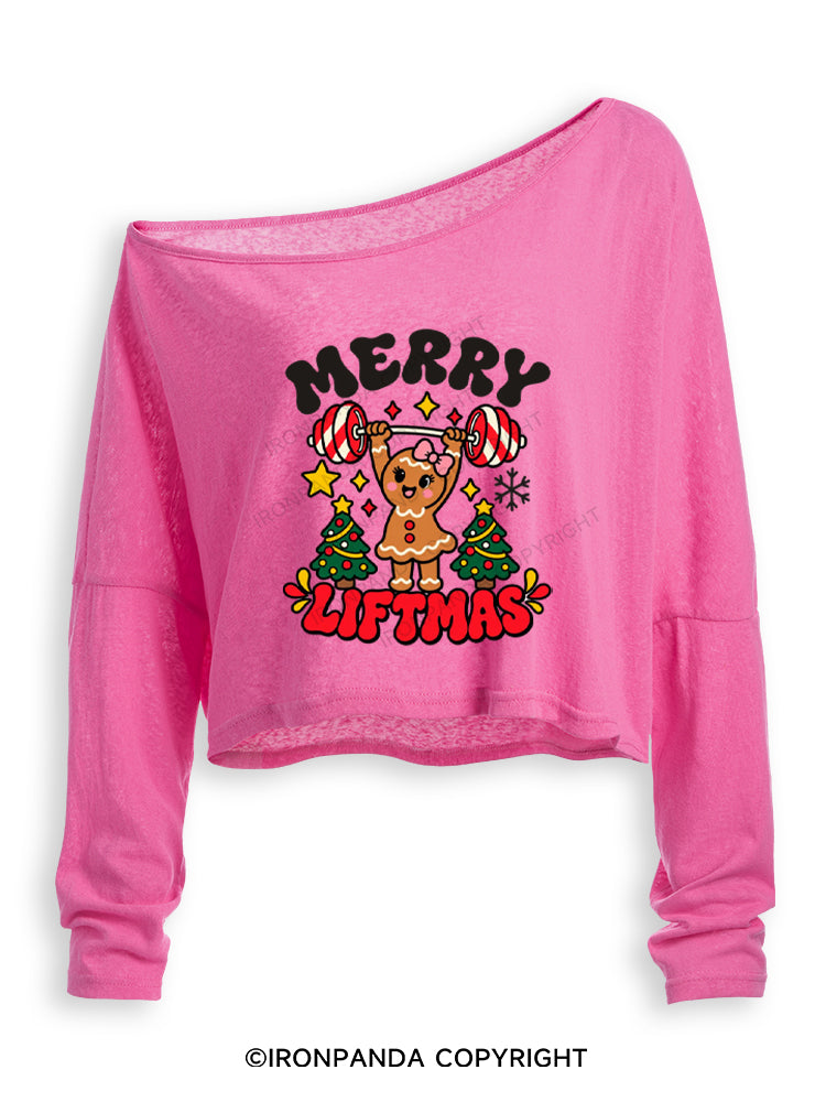 Merry Liftmas Gingerbread Weightlifting Off Shoulder Long Sleeve Crop Top
