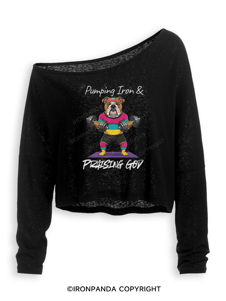 Pumping Iron and Praising God Off Shoulder Long Sleeve Crop Top
