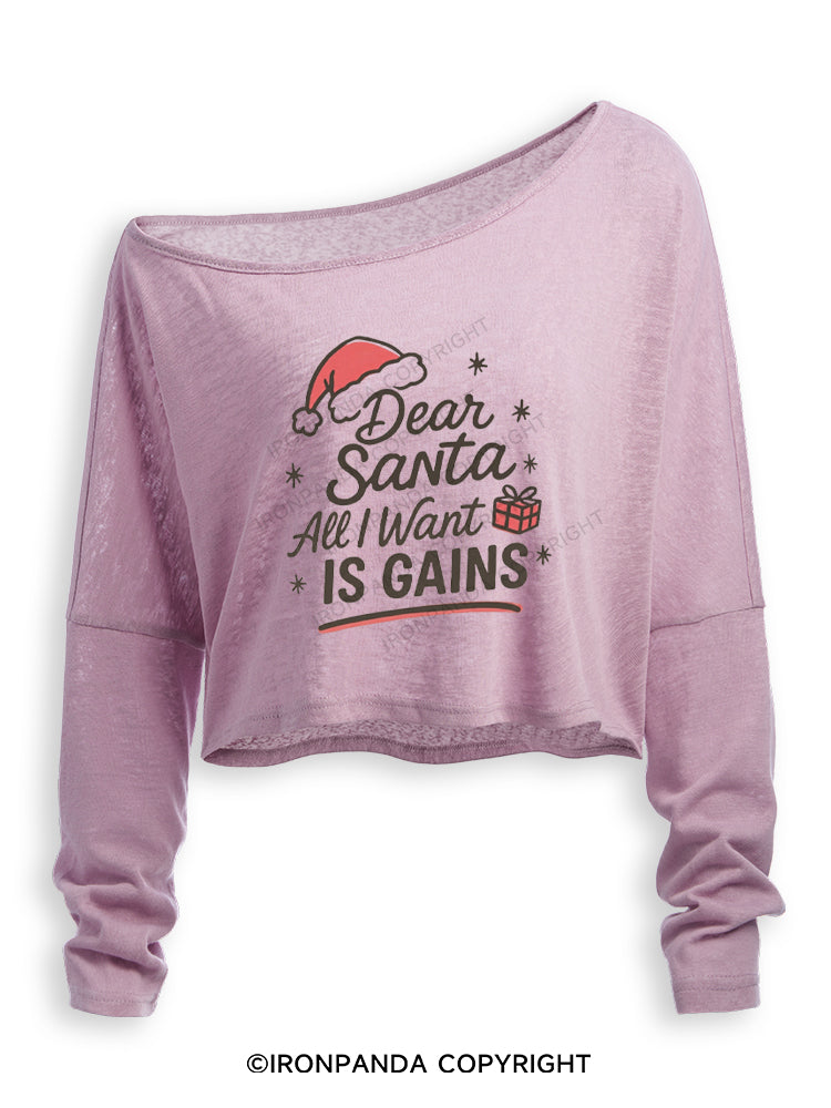 DEAR SANTA ALL I WANT IS GAINS Off Shoulder Long Sleeve Crop Top