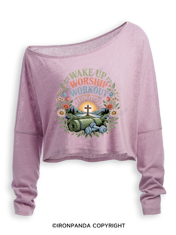 Wake Up Worship Workout Worship Off Shoulder Long Sleeve Crop Top
