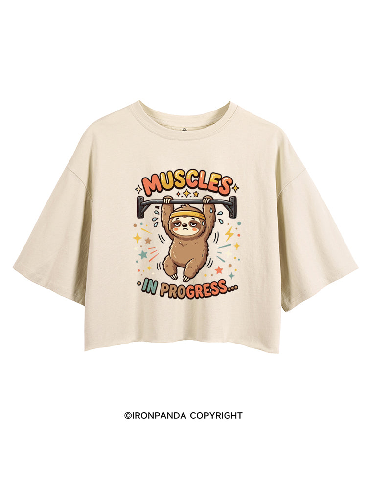 MUSCLES IN PROGRESS FUNNY SLOTH CROP TOPS