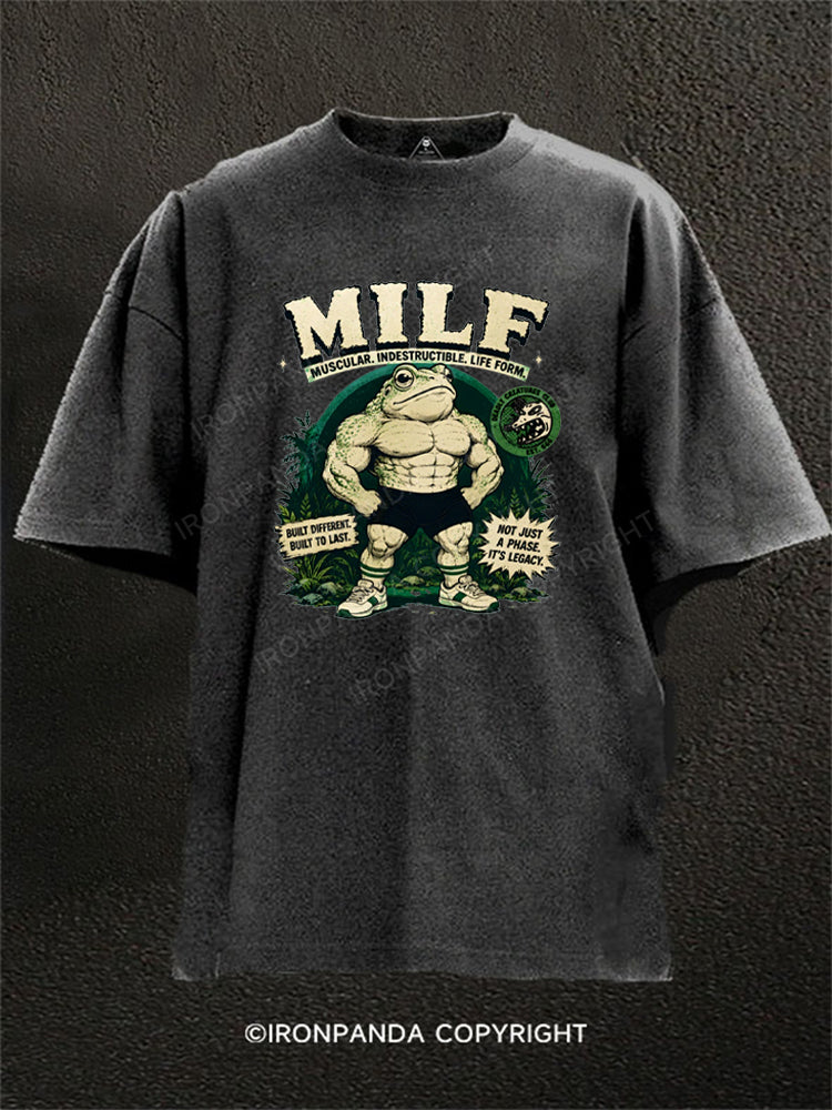 MILF Muscular Indestructible Life Form Funny Frog Washed Gym Shirt