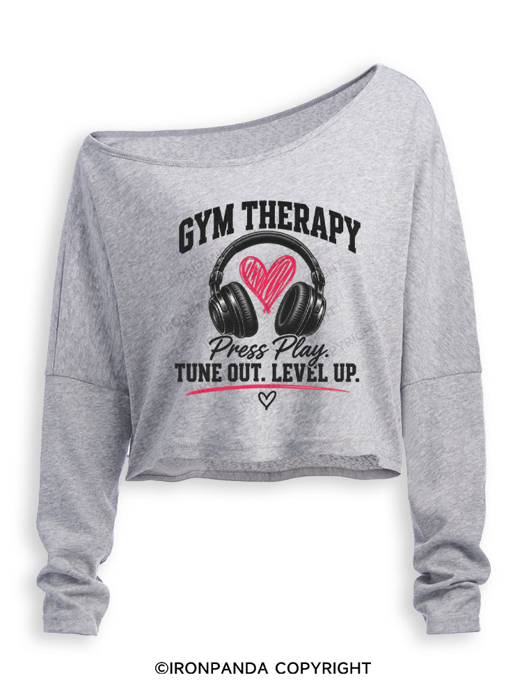 GYM THERAPY Press Play TUNE OUT LEVEL UP Off Shoulder Long Sleeve Crop Top