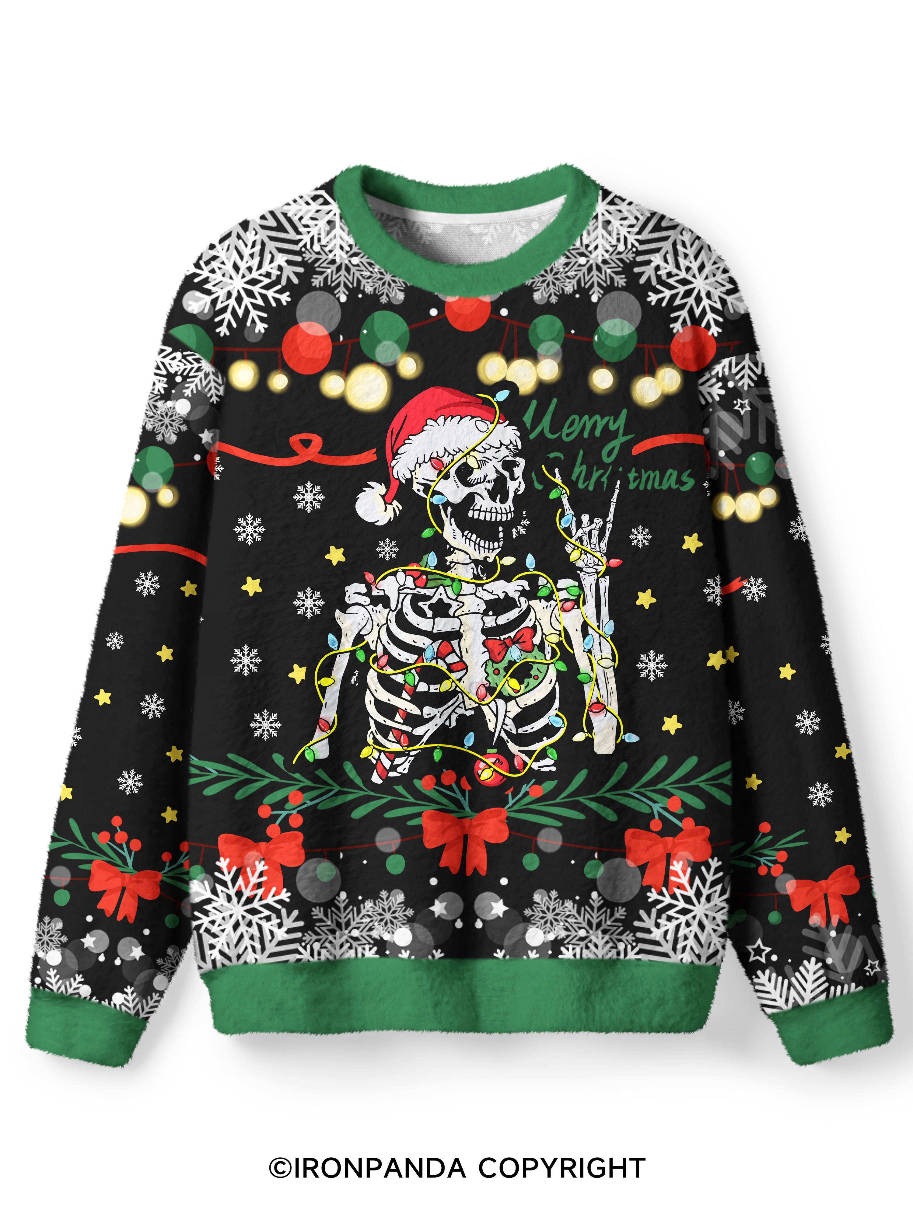 SKELETON WITH CHRISTMAS LIGHTS Ugly Fuzzy Fleece Sweater