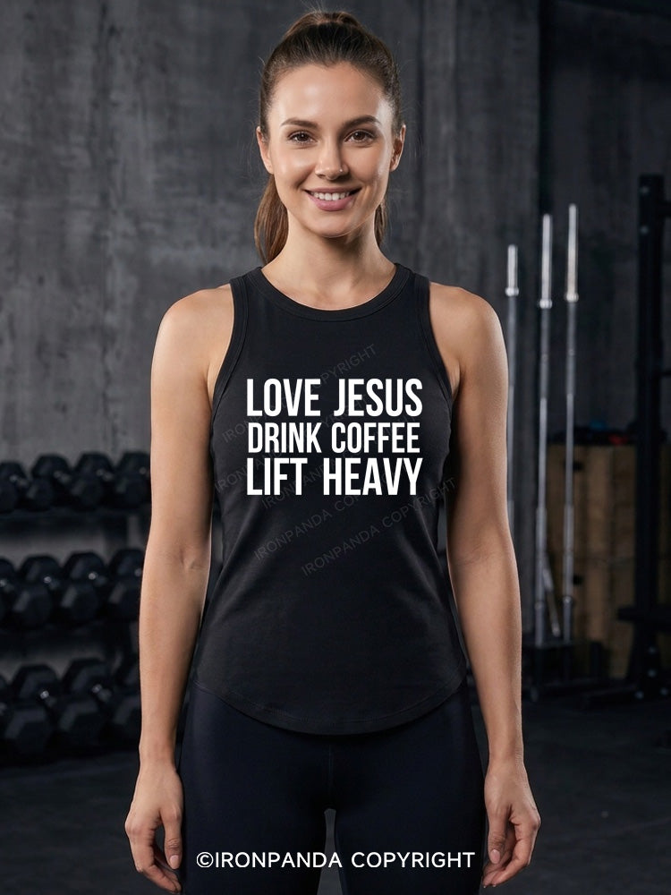 LOVE JESUS DRINK COFFEE LIFT HEAVY Fitted Tank Top
