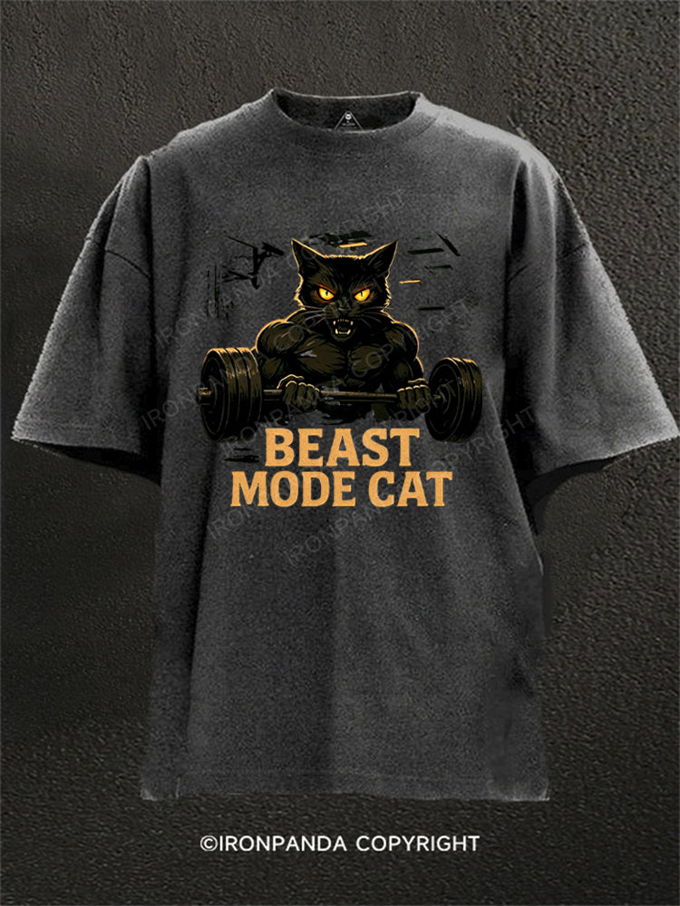 Beast Mode Cat Intense Workout Animal Washed Gym Shirt
