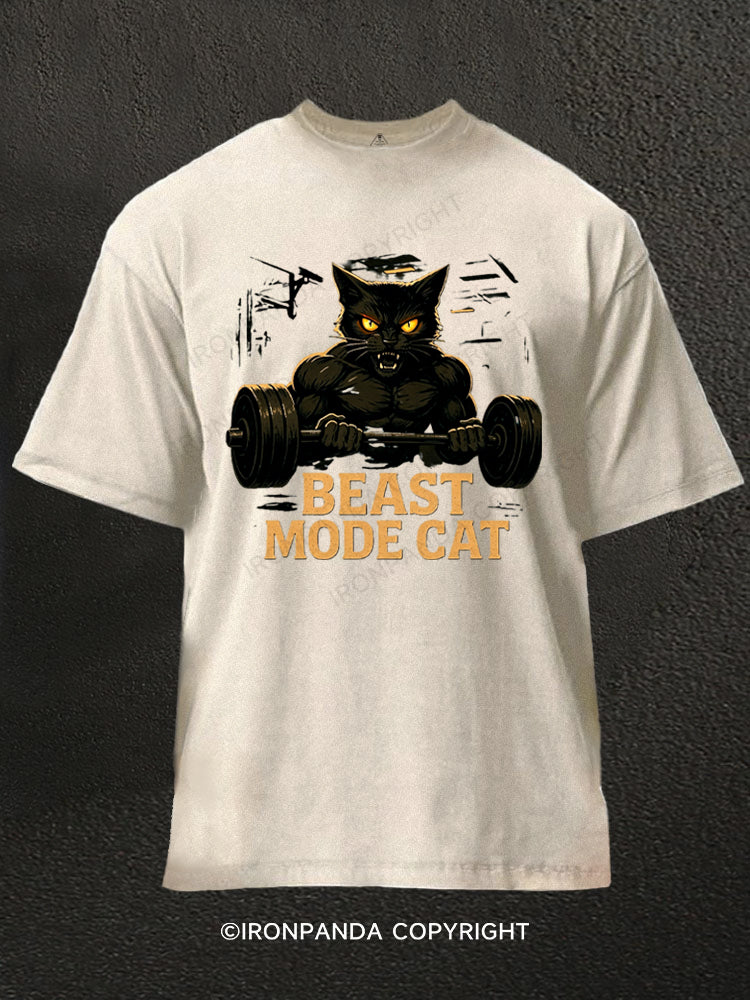 Beast Mode Cat Intense Workout Animal Washed Gym Shirt