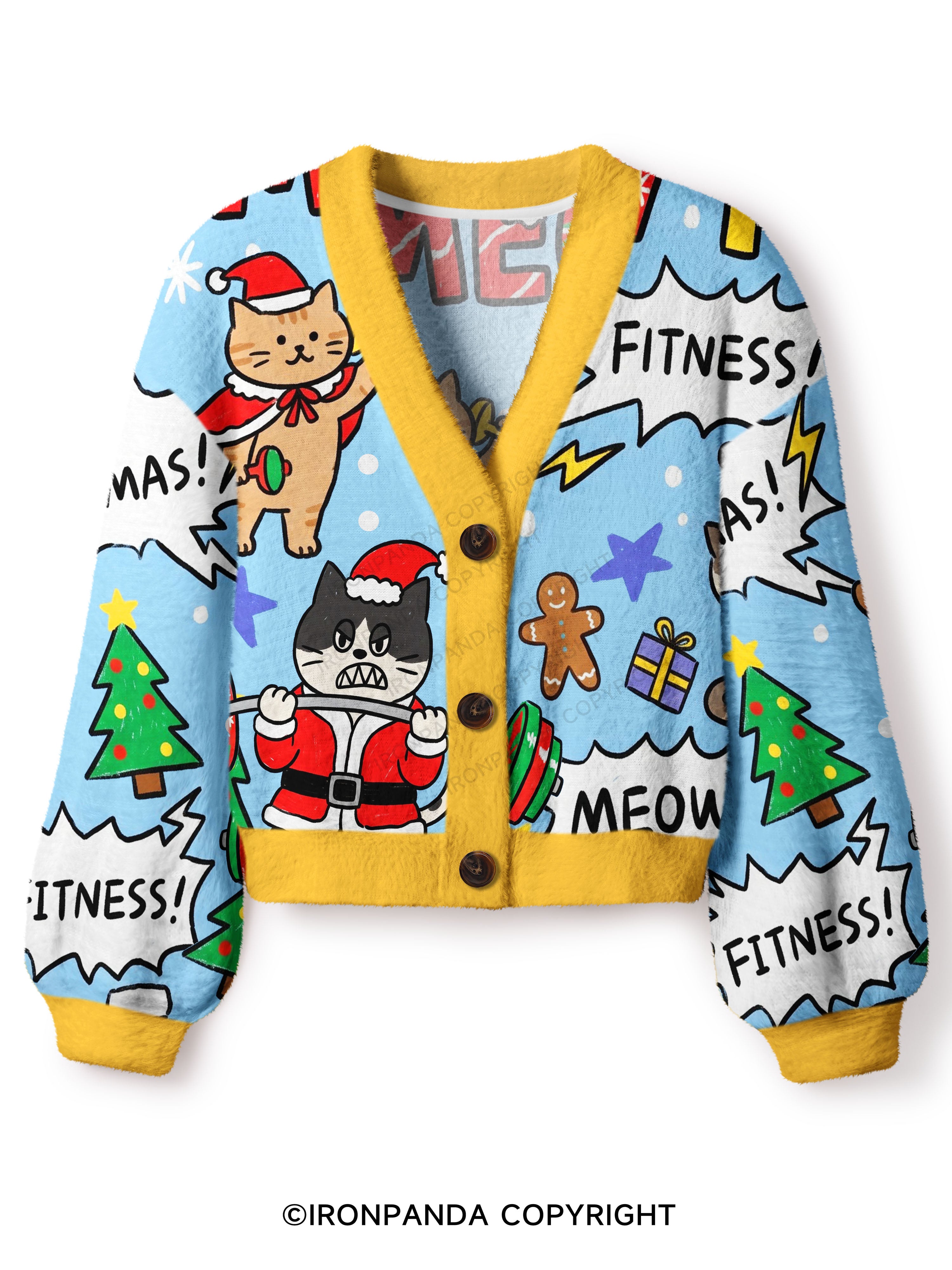 Gym Christmas Cats Crop Ugly Cardigan Sweater