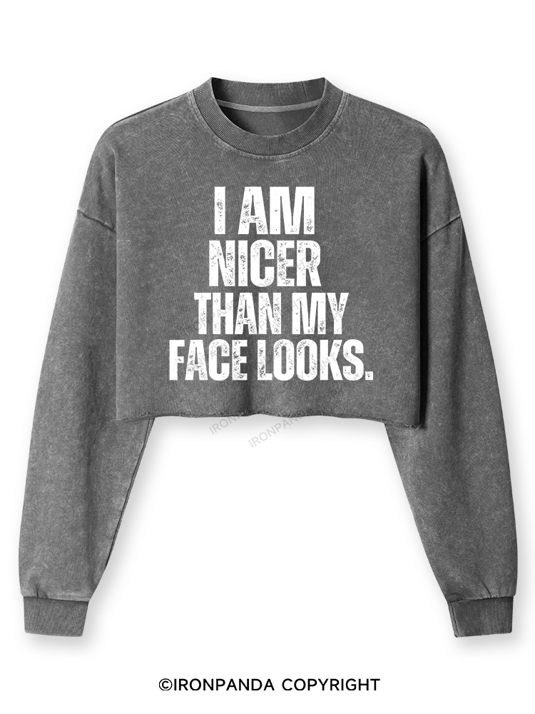I'M NICER THAN MY FACE LOOKS Washed Long-Sleeve Crop Top
