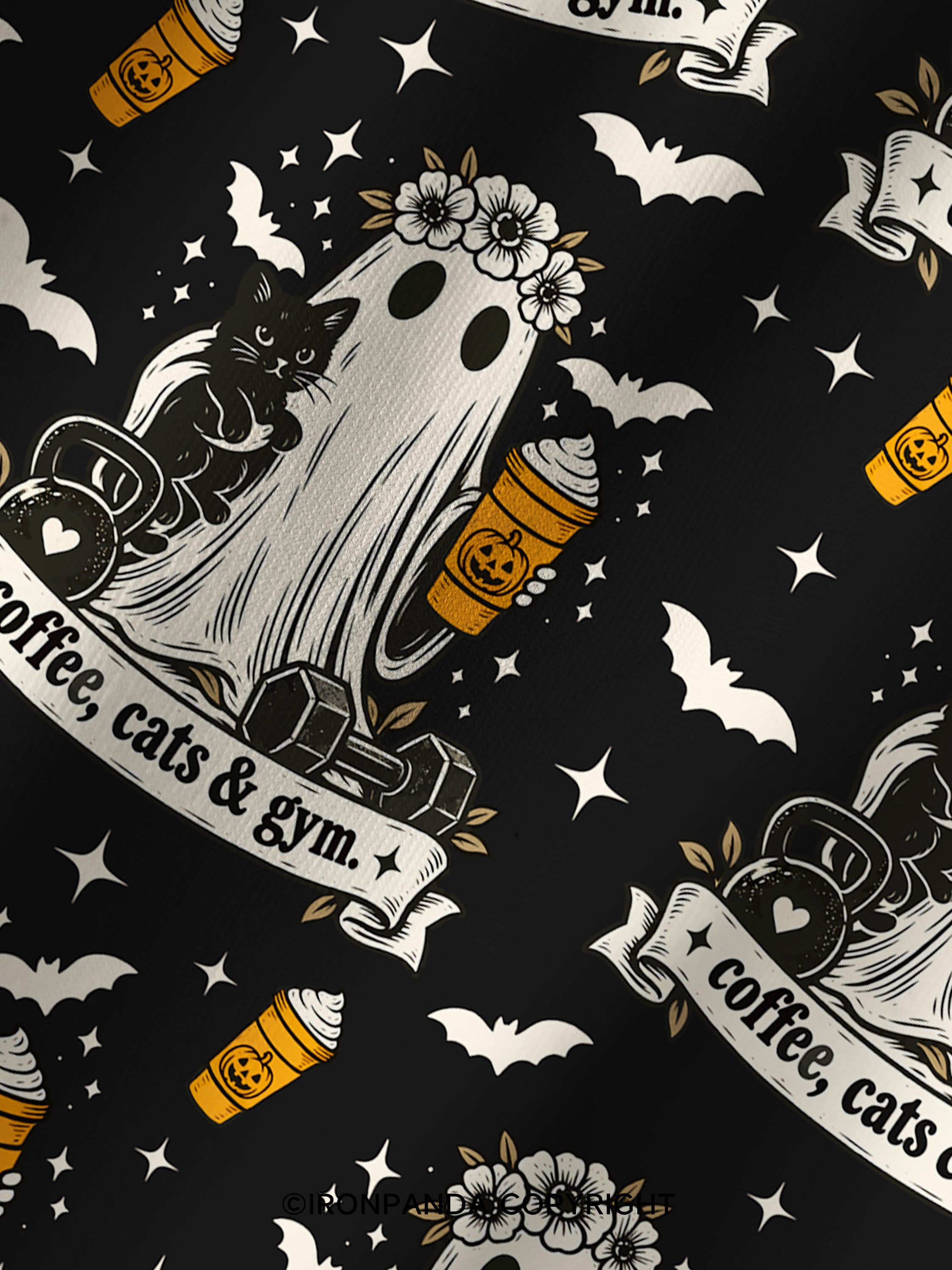 COFFEE, CATS & GYM HAPPY HALLOWEEN Print Printed Yoga Shorts