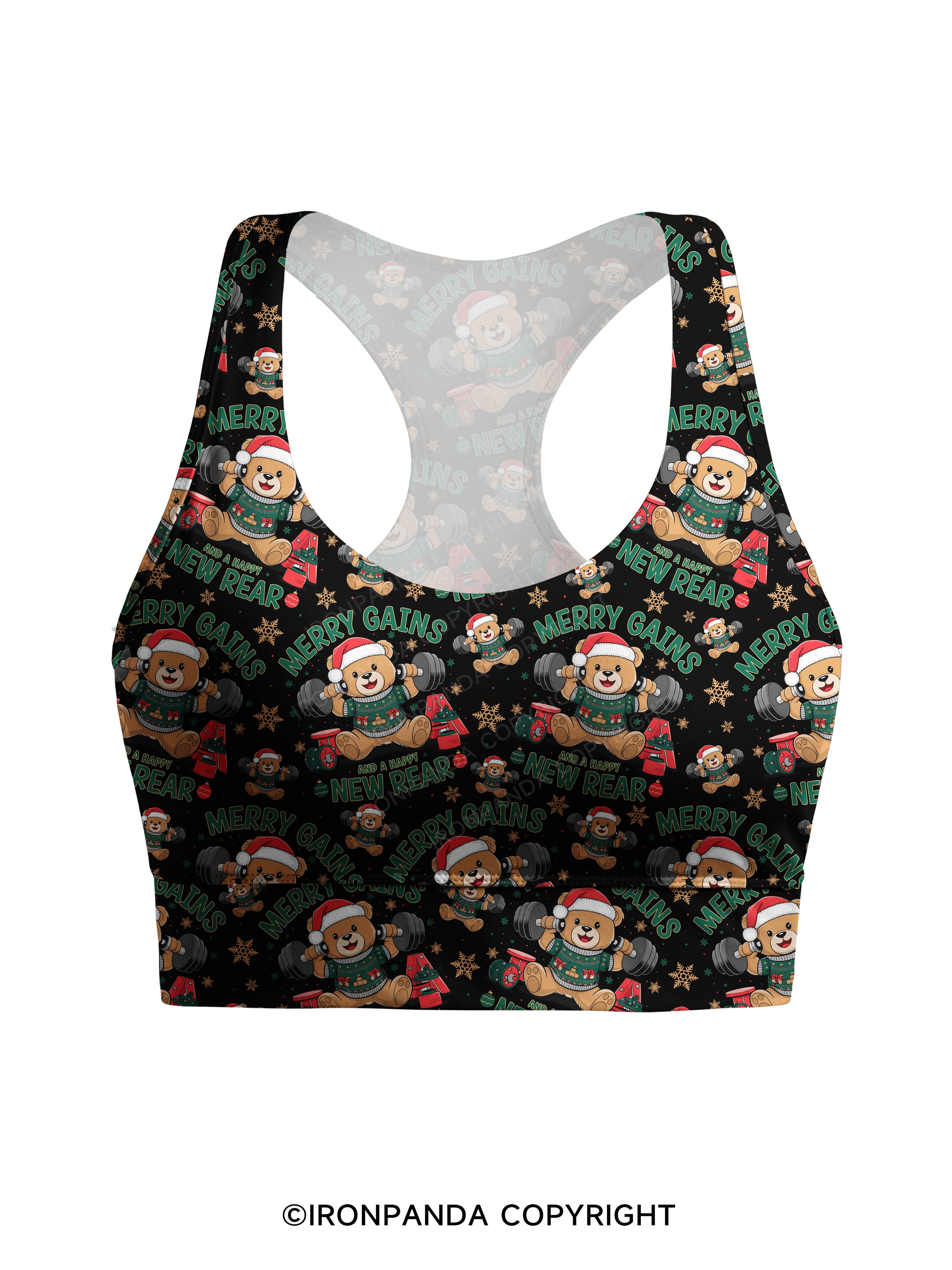 MERRY GAINS AND A HAPPY NEW REAR Racerback Sports Bra