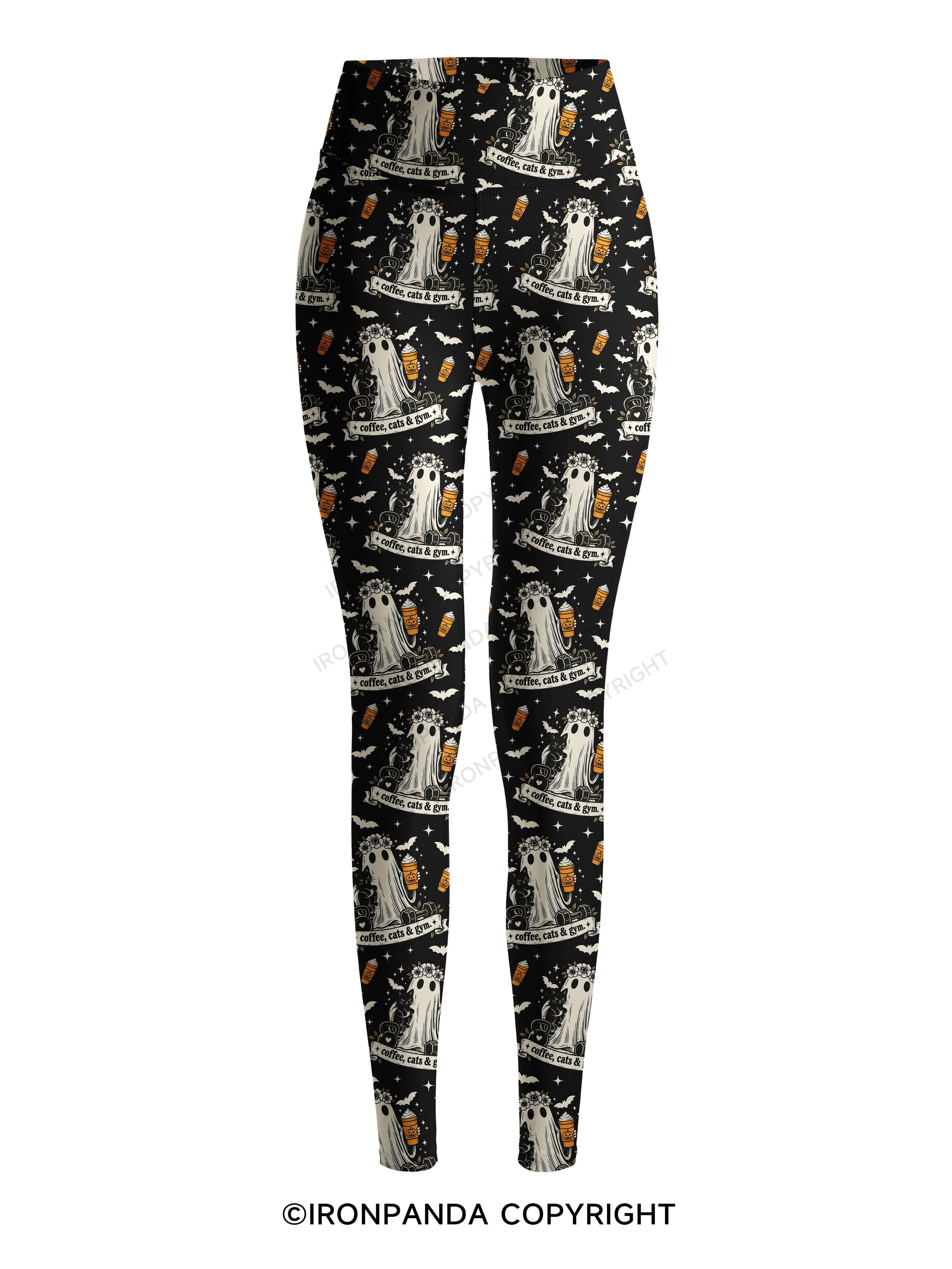COFFEE, CATS & GYM HAPPY HALLOWEEN Printed Yoga Pants