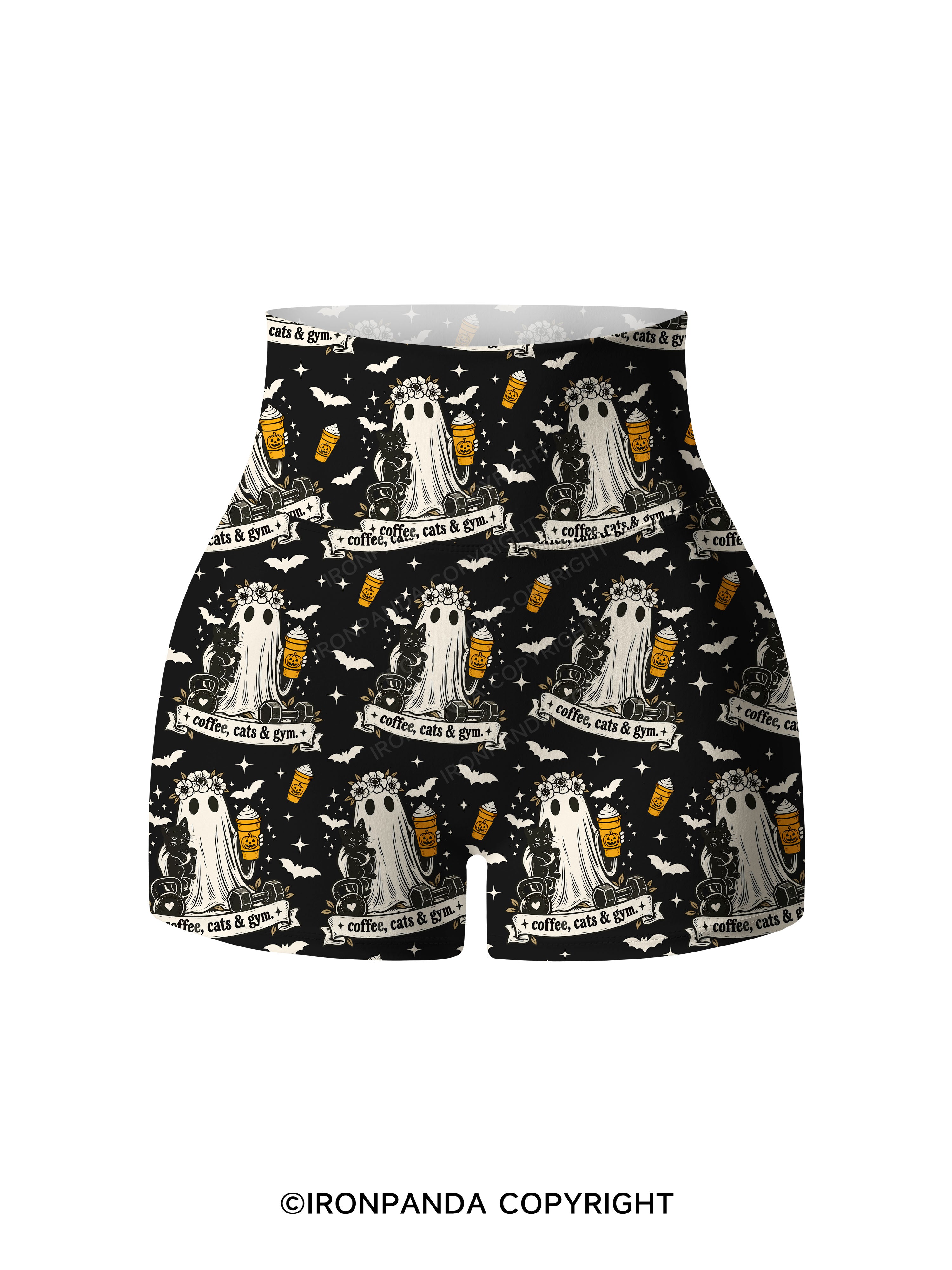 COFFEE, CATS & GYM HAPPY HALLOWEEN Print Printed Yoga Shorts