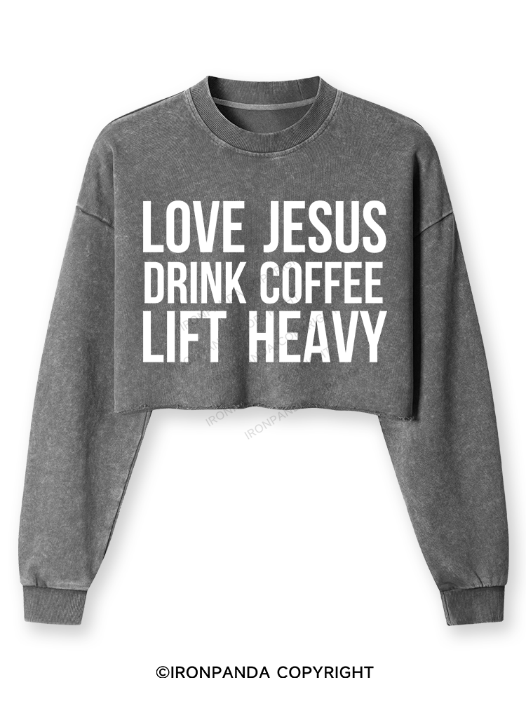 Love Jesus Drink Coffee Lift Heavy Washed Long-Sleeve Crop Top