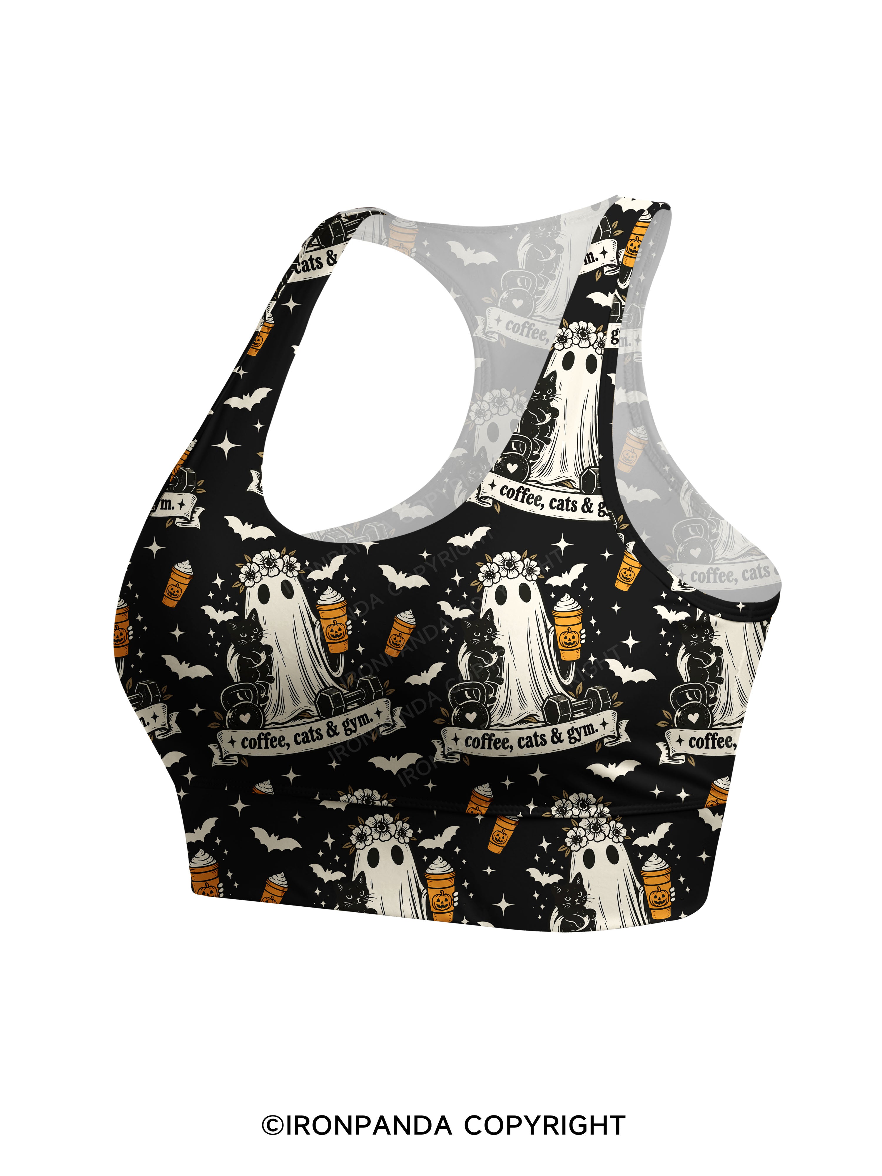 COFFEE, CATS & GYM HAPPY HALLOWEEN Racerback Sports Bra