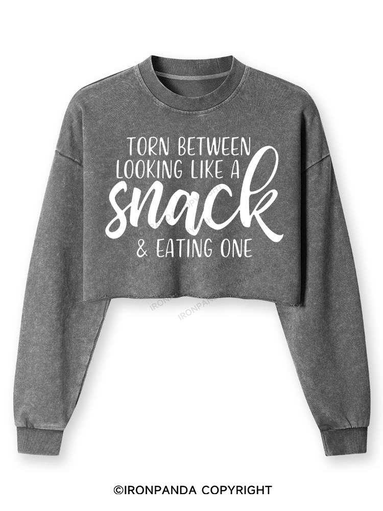 TORN BETWEEN A SNACK AND EAT ONE Washed Long-Sleeve Crop Top