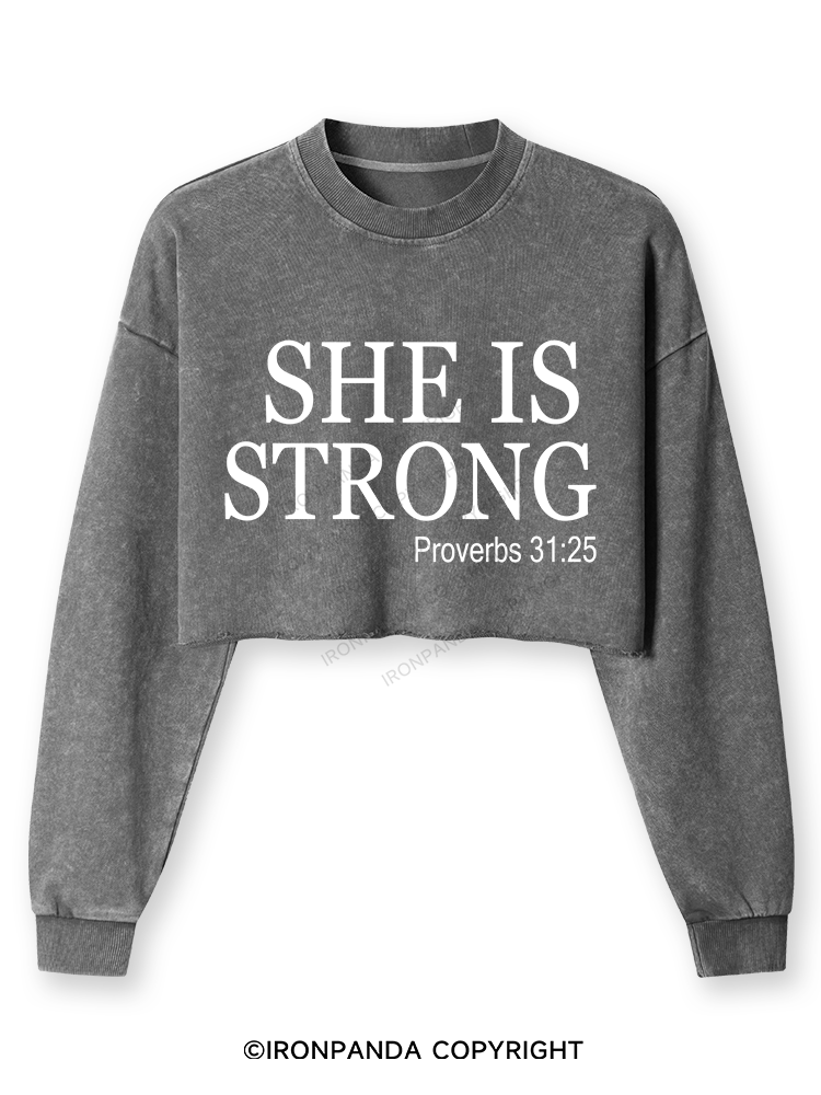 She is Strong Washed Long-Sleeve Crop Top
