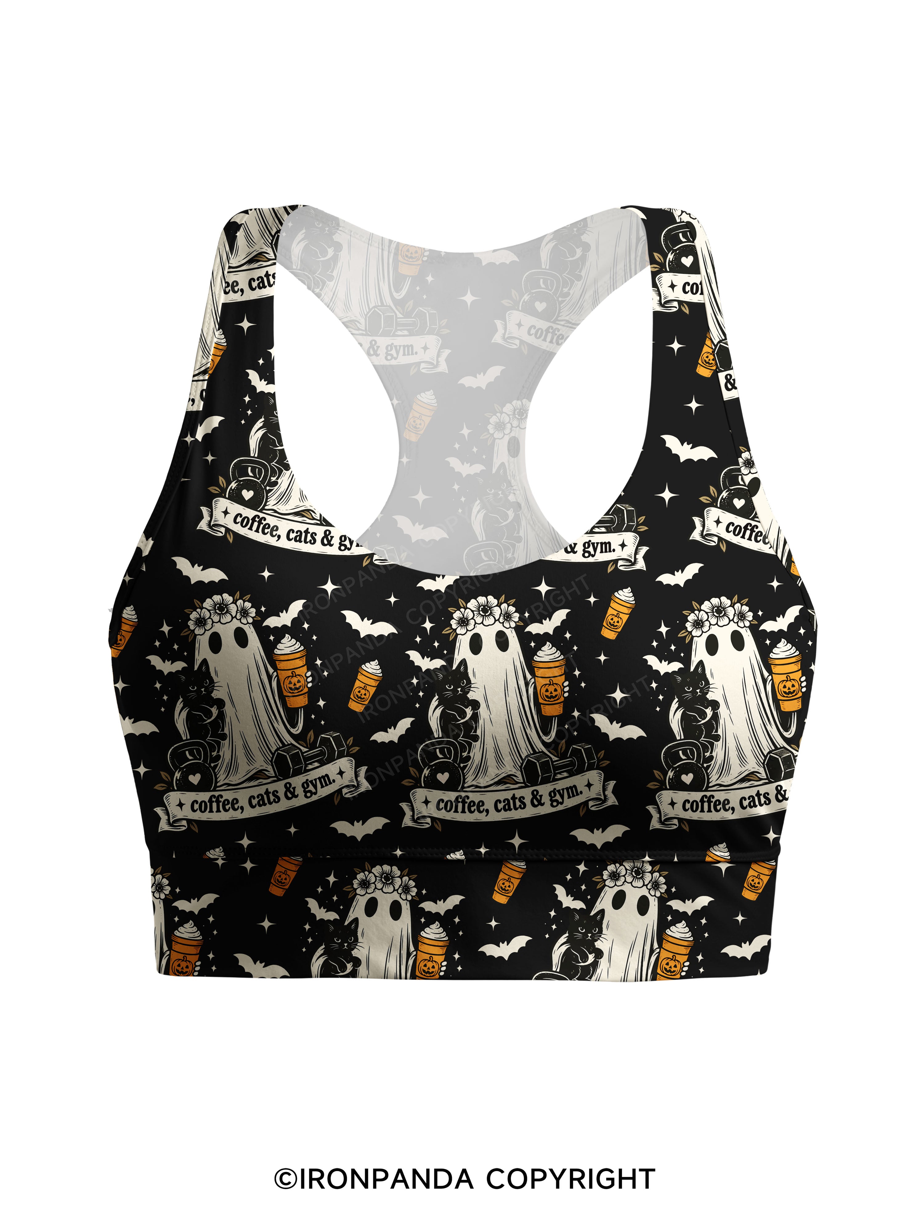 COFFEE, CATS & GYM HAPPY HALLOWEEN Racerback Sports Bra