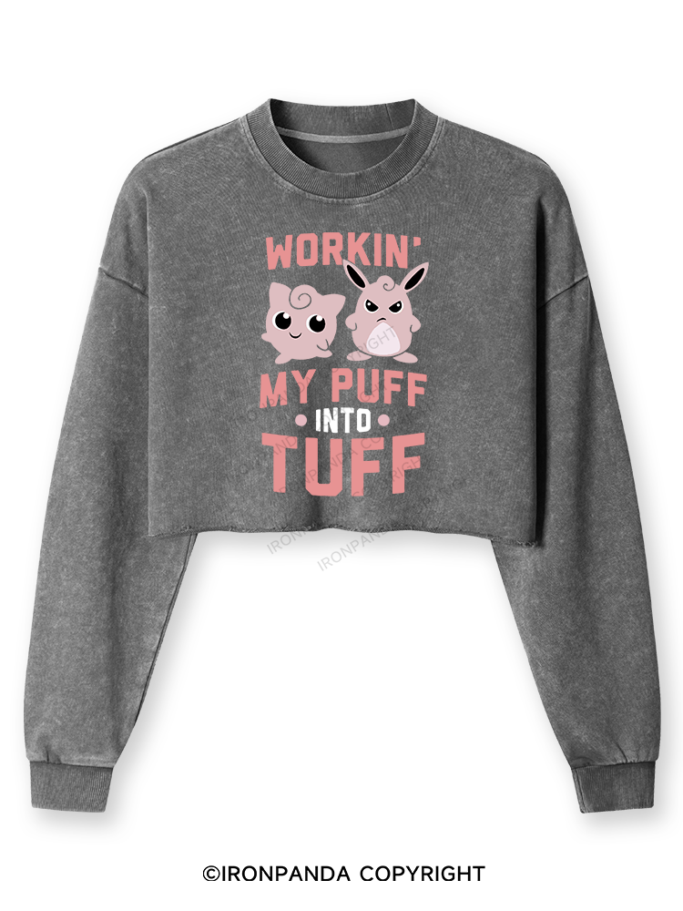 WORKIN MY PUFF INTO TUFF Washed Long-Sleeve Crop Top