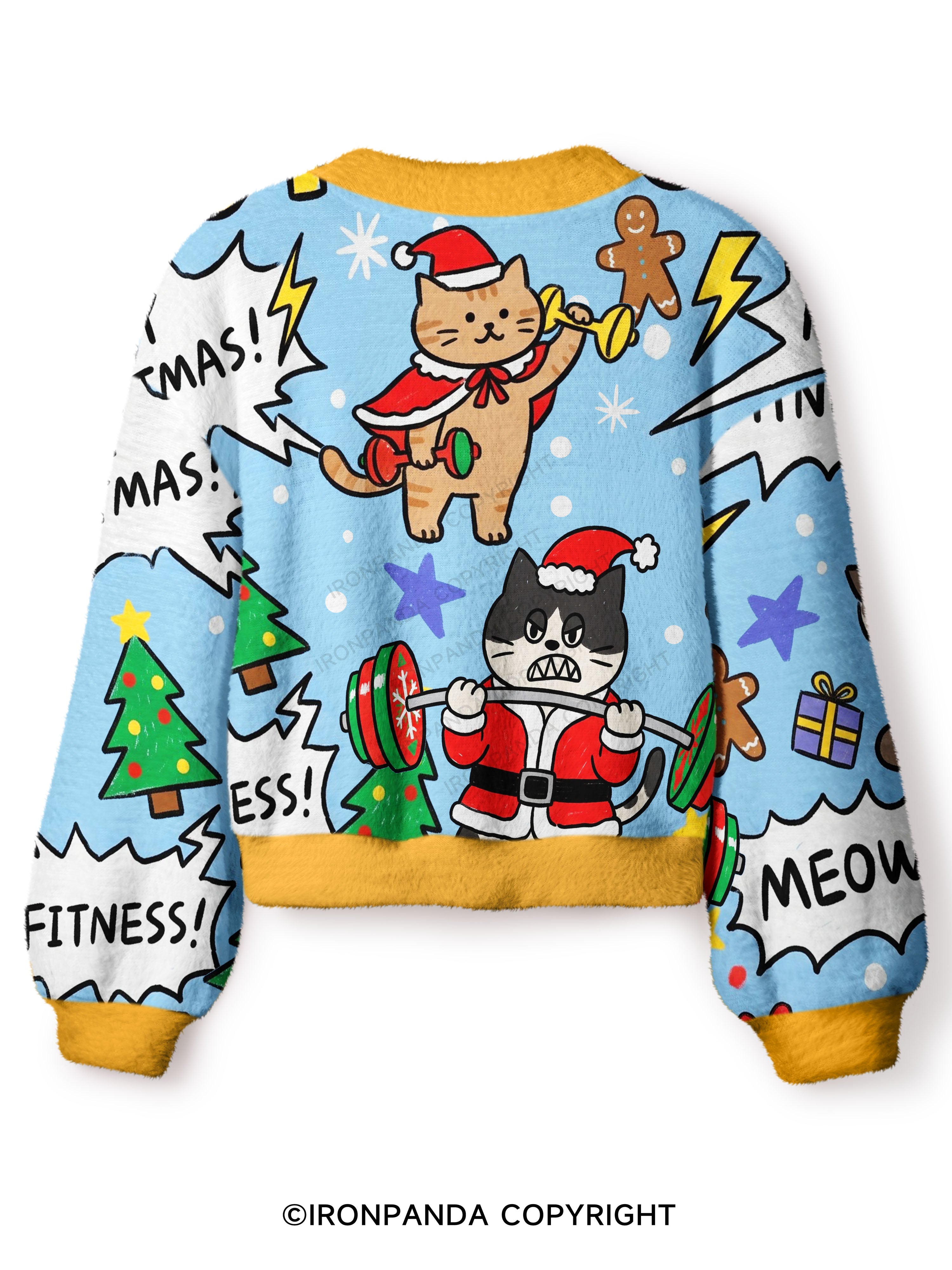 Gym Christmas Cats Crop Ugly Cardigan Sweater