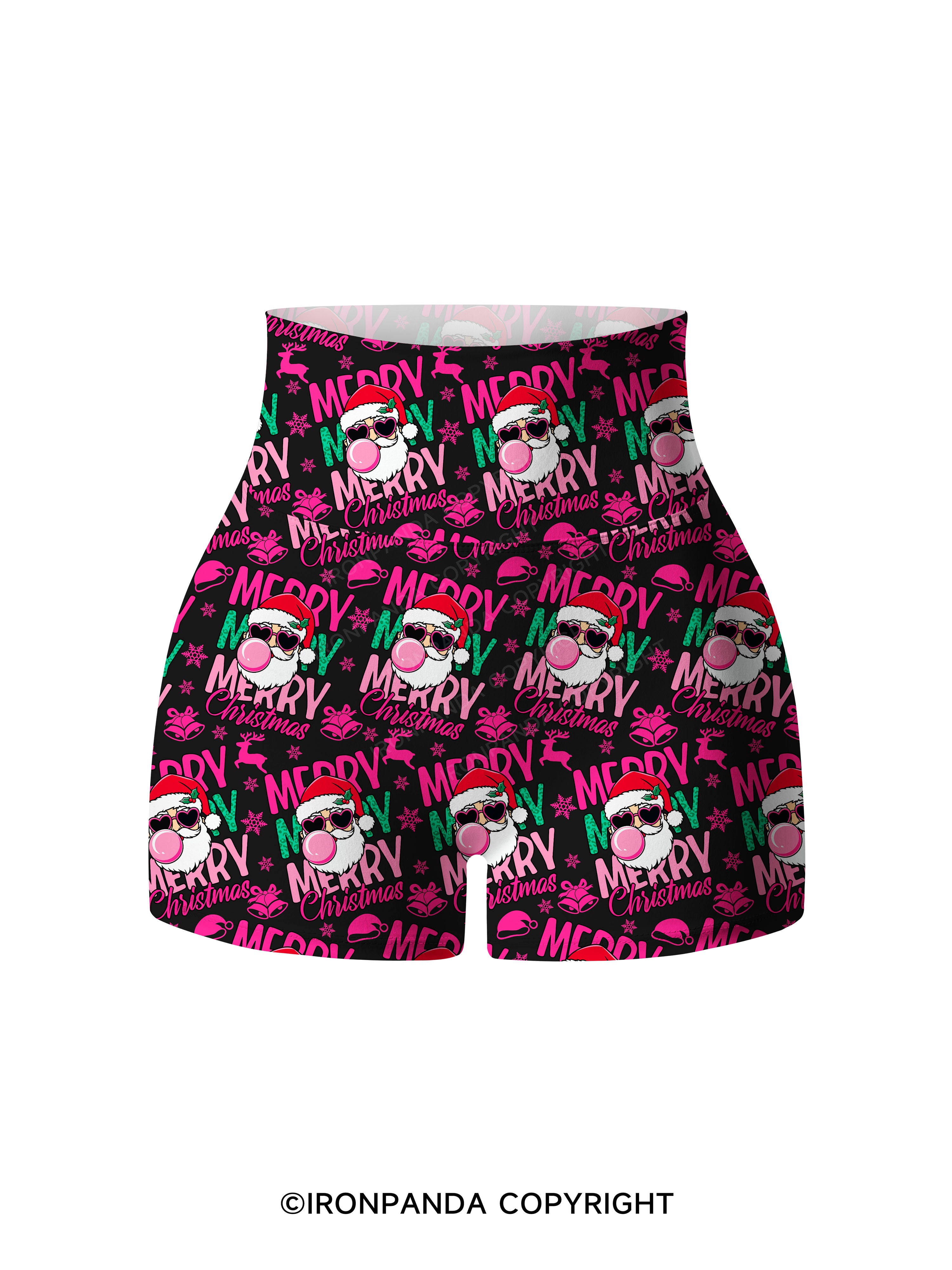 MERRY MERRY MERRY CHRISTMAS Print Printed Yoga Shorts