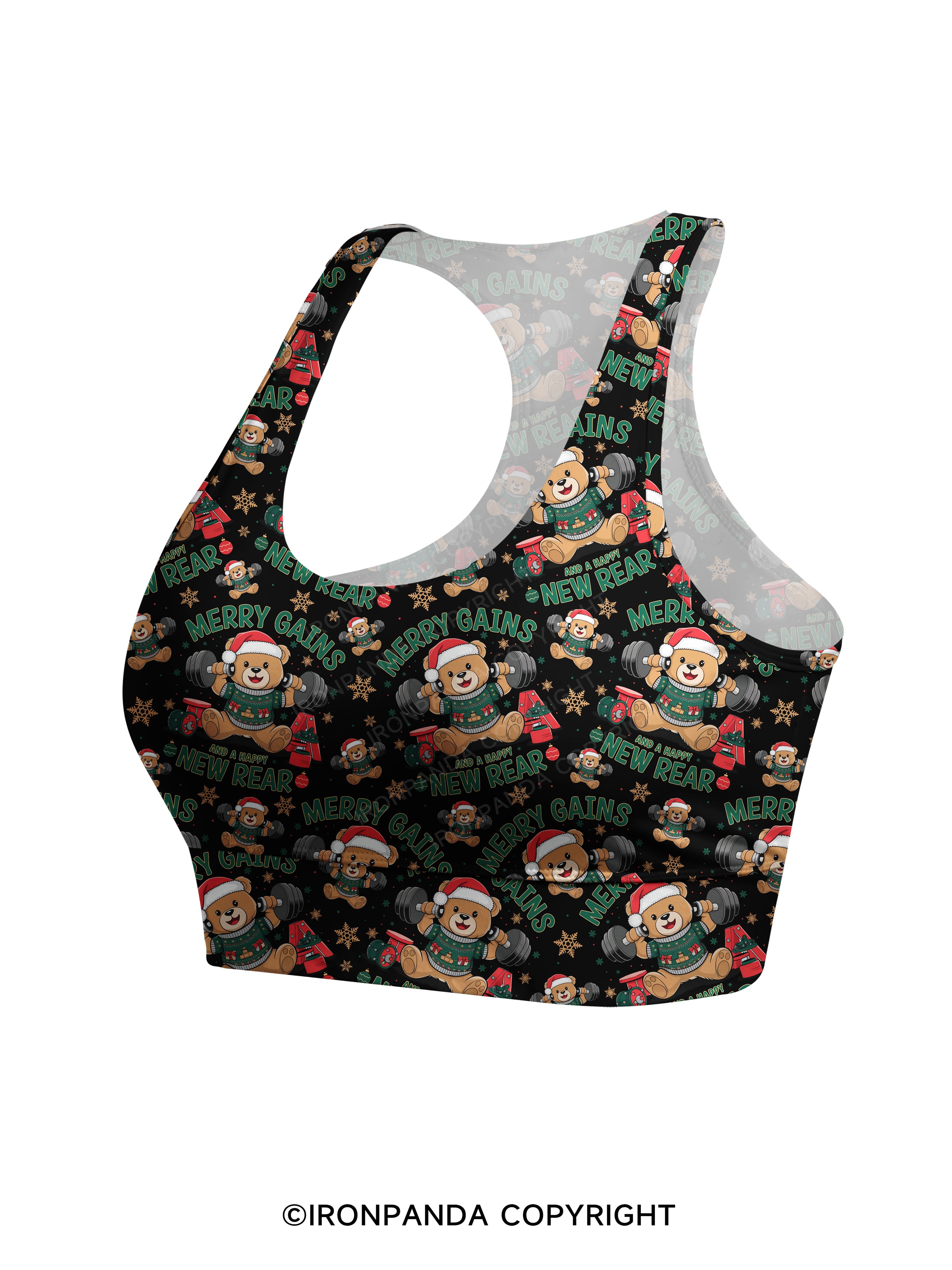 MERRY GAINS AND A HAPPY NEW REAR Racerback Sports Bra