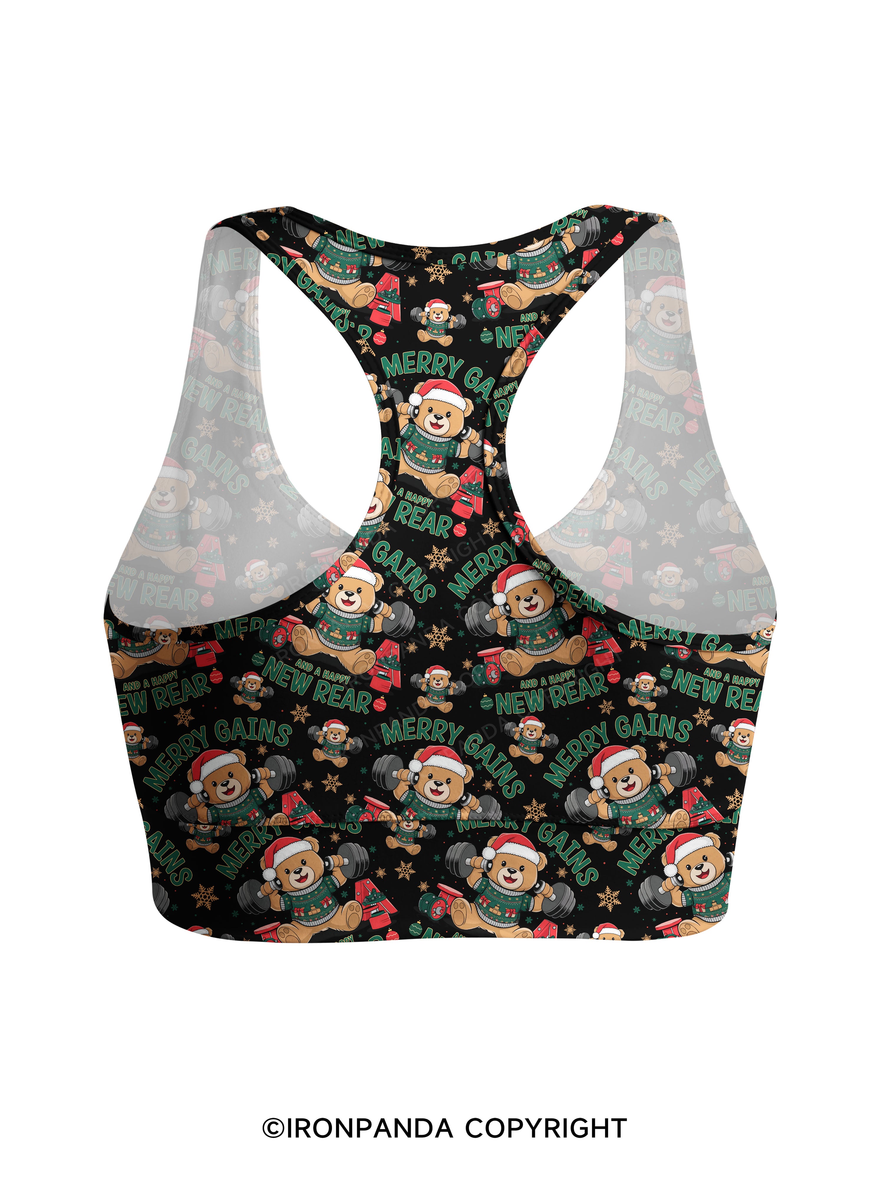 MERRY GAINS AND A HAPPY NEW REAR Racerback Sports Bra