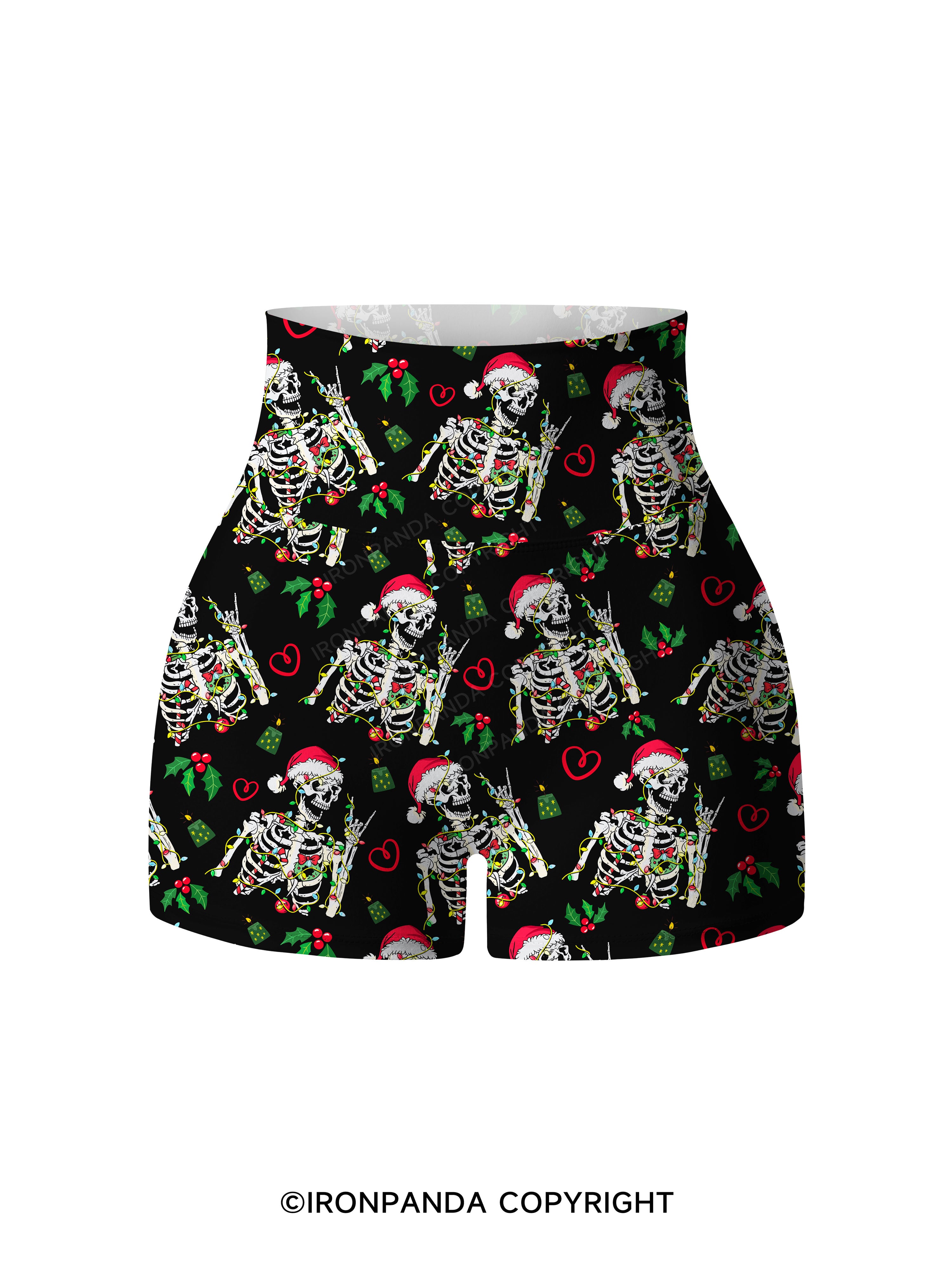SKELETON WITH CHRISTMAS LIGHTS Printed Yoga Shorts