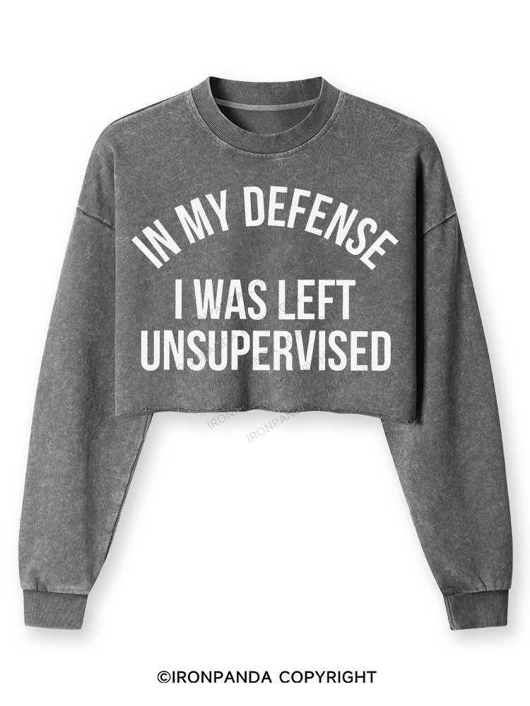 In My Defense I Was Left Unsupervised Washed Long-Sleeve Crop Top