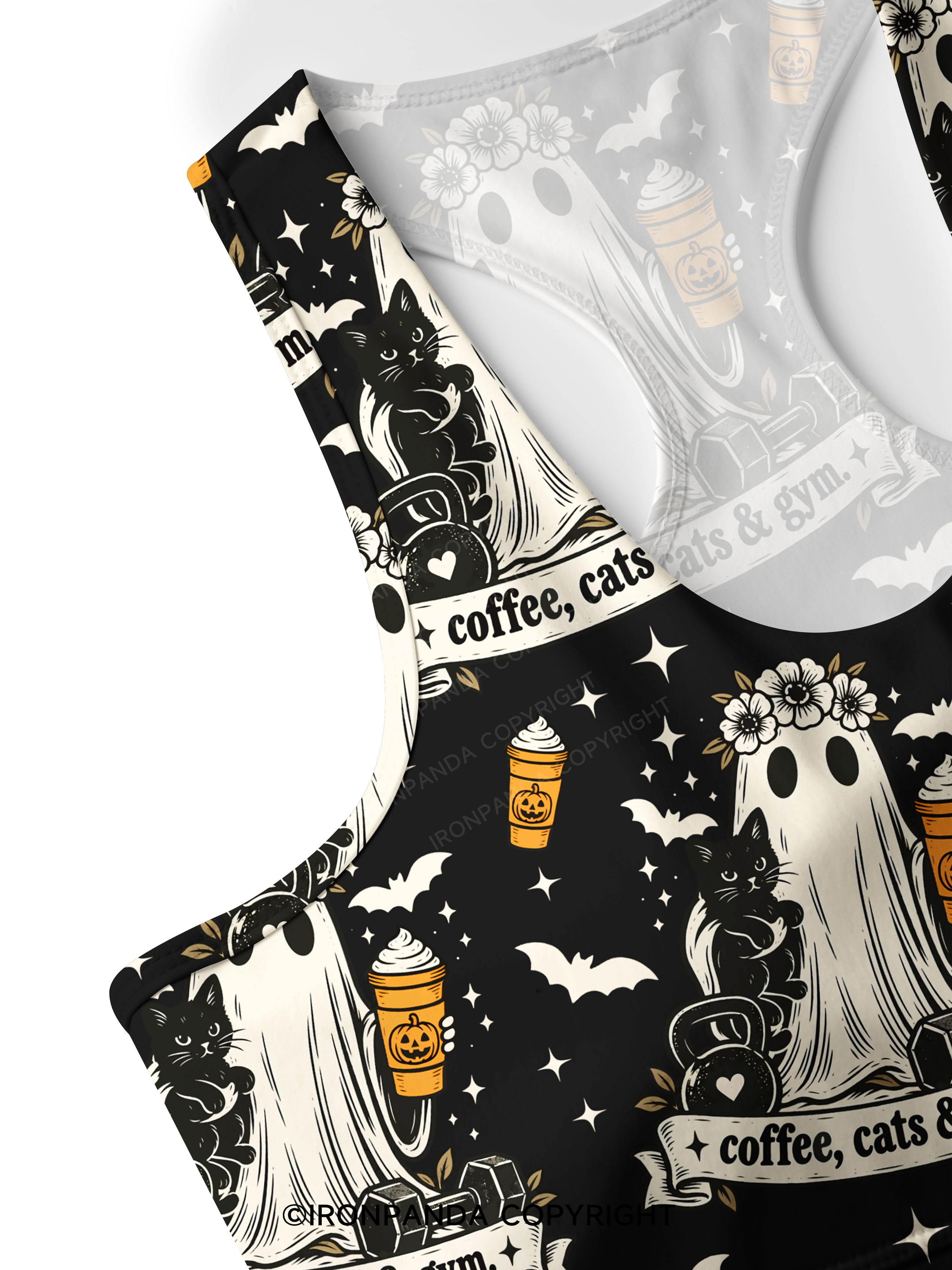 COFFEE, CATS & GYM HAPPY HALLOWEEN Racerback Sports Bra